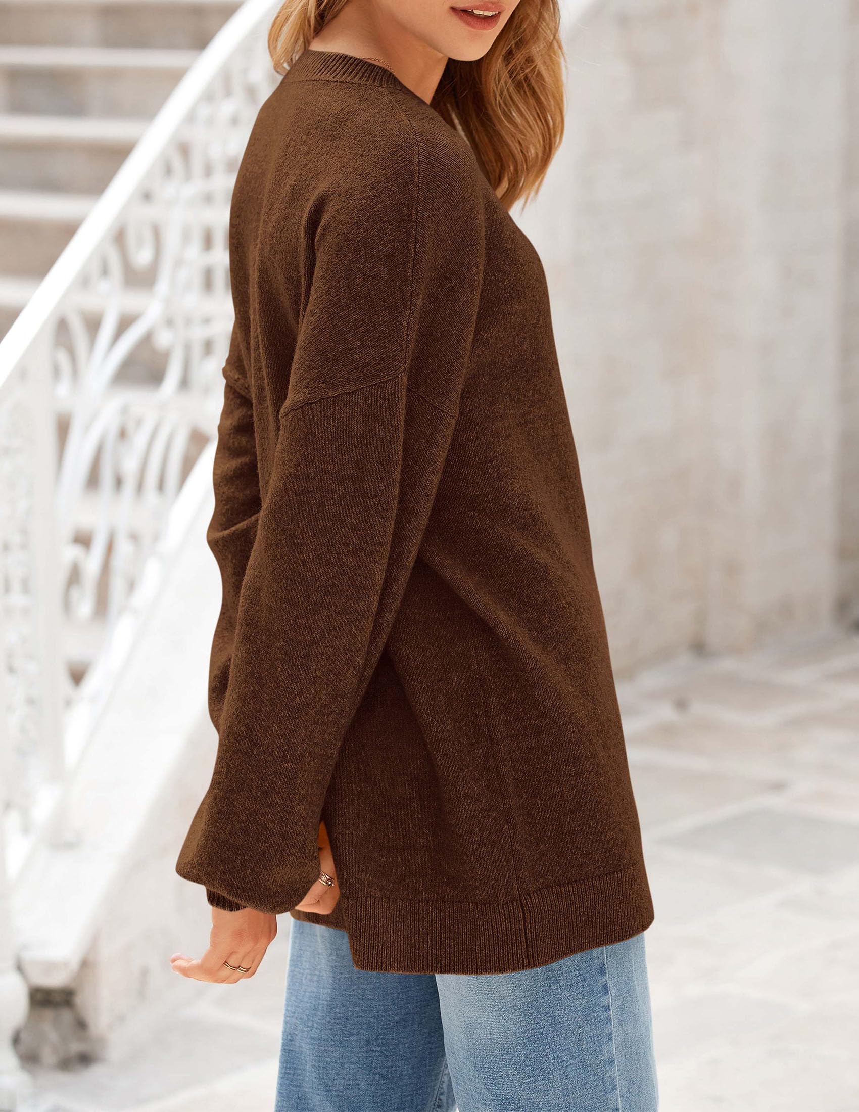 Women's 2025 Fall Sweaters Casual Crew Neck Long Sleeve Pullover Tops Ribbed Knit Loose Fit Winter Clothes (Brown,Small)