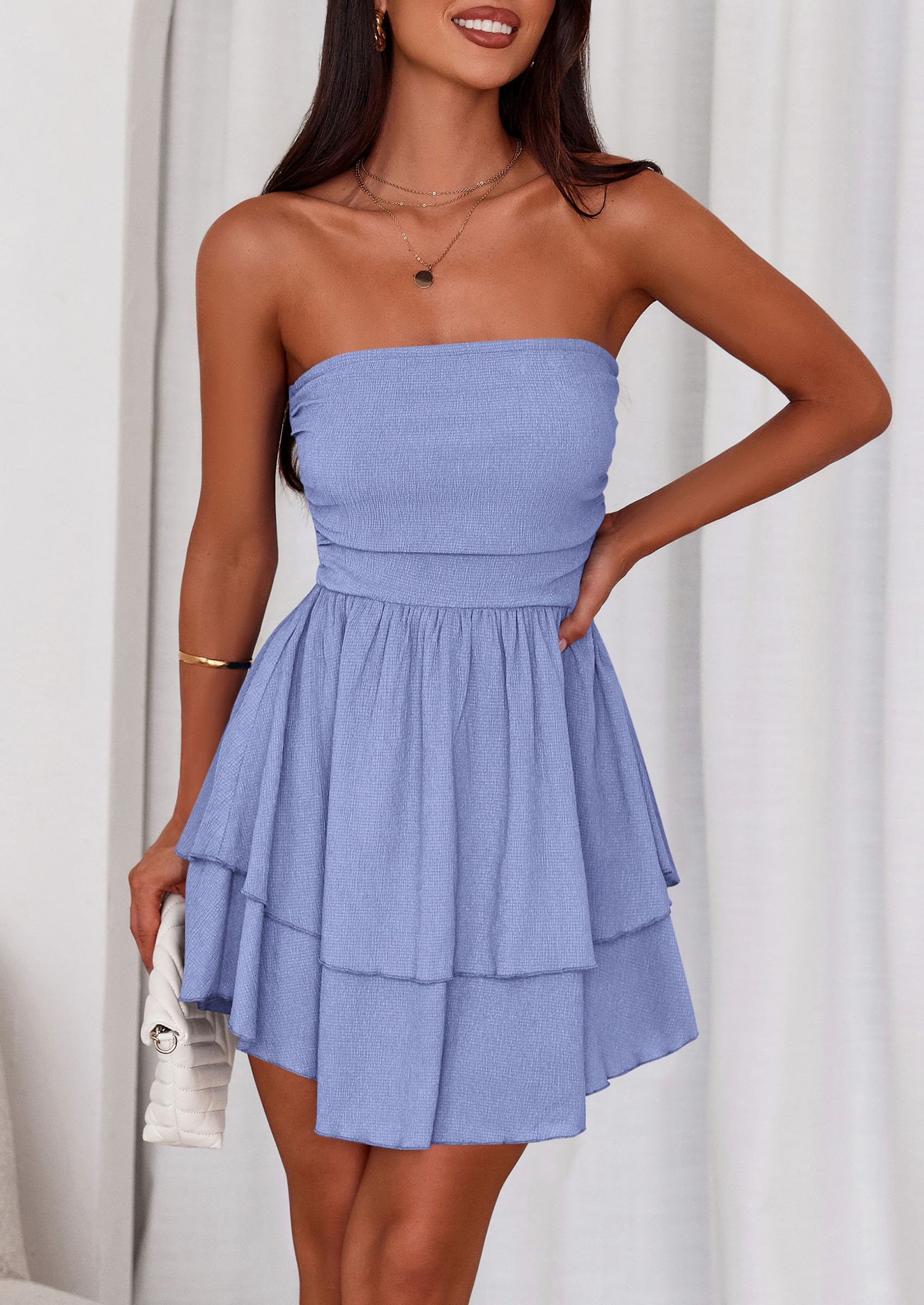 Women's Summer Strapless Flowy Mini Dresses (Light Blue,S)