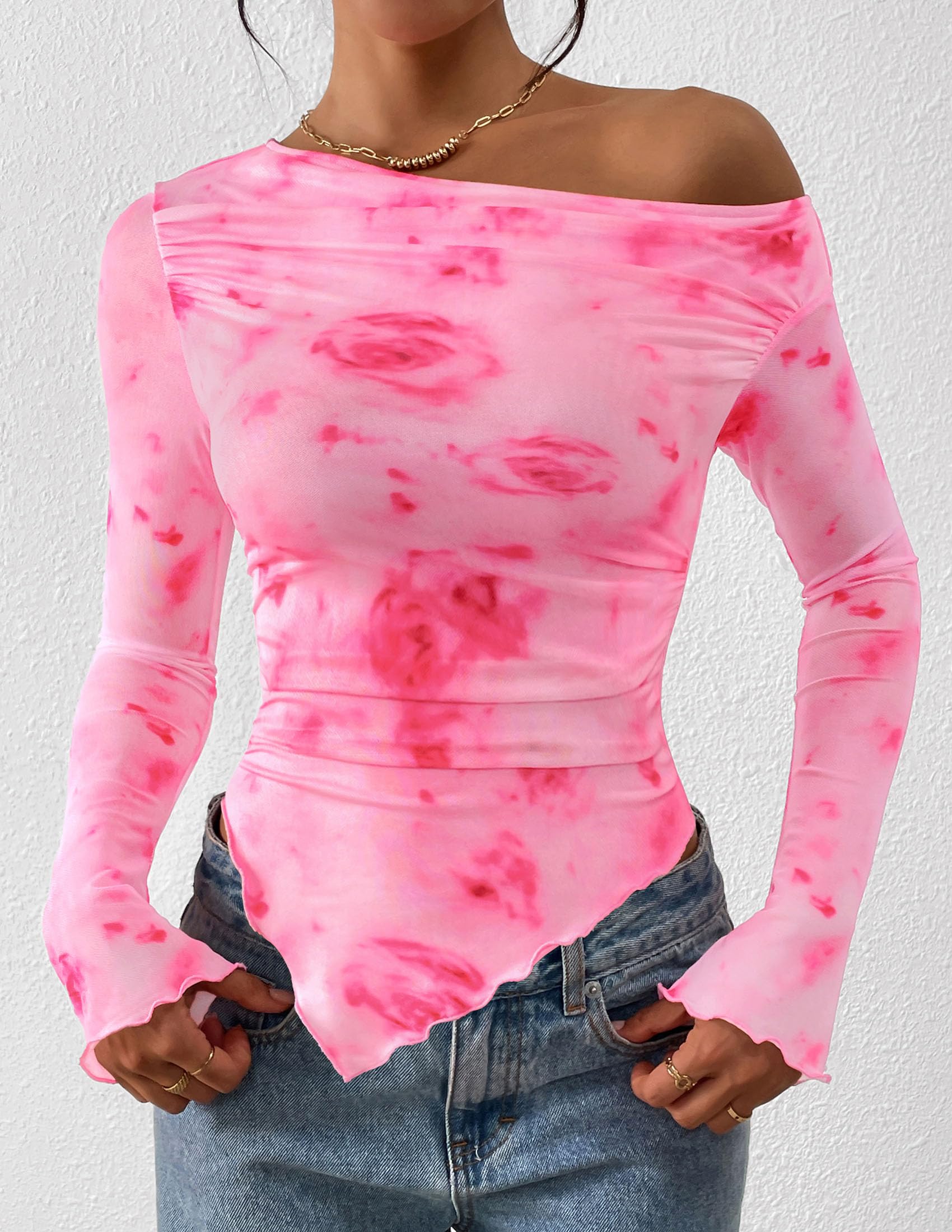 Womens Off Shoulder Mesh Y2k Tops,Floral Pink Red,XS