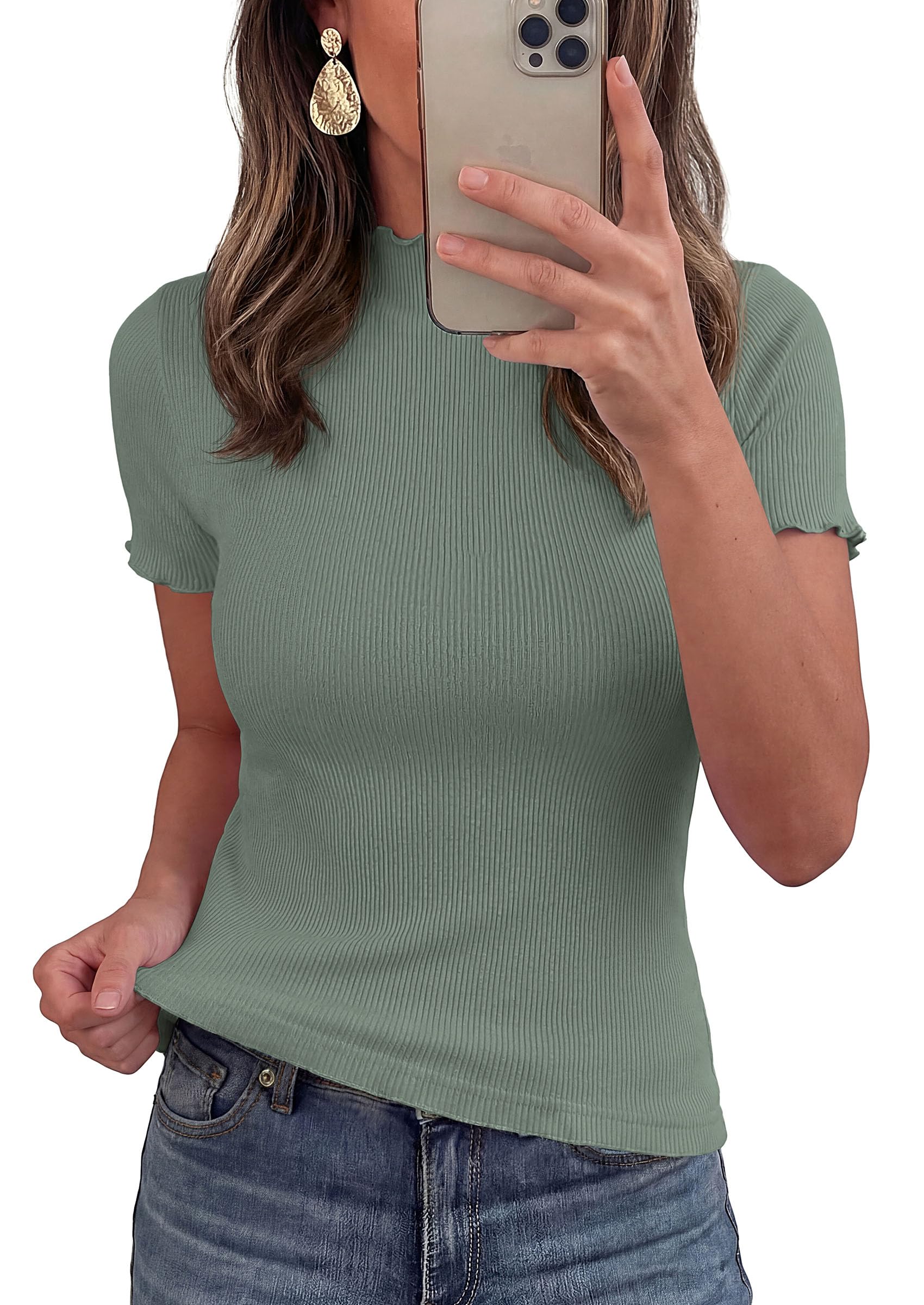 Women's Short Sleeve Ribbed Knit T Shirts, Sage Green,M