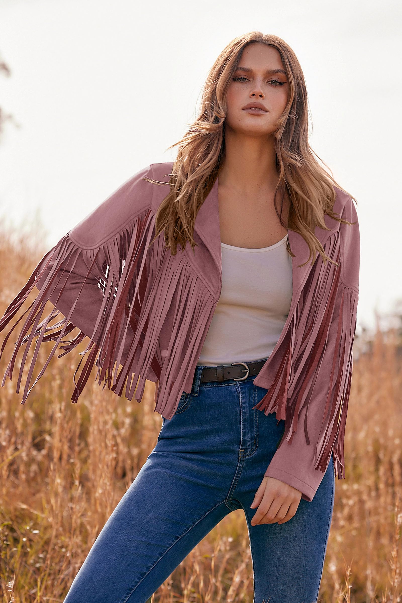 Women's Fringe Faux Suede Leather Jackets Fall Fashion 2025 Tassel Motorcycle Cropped Coats (Dark Pink,Small)