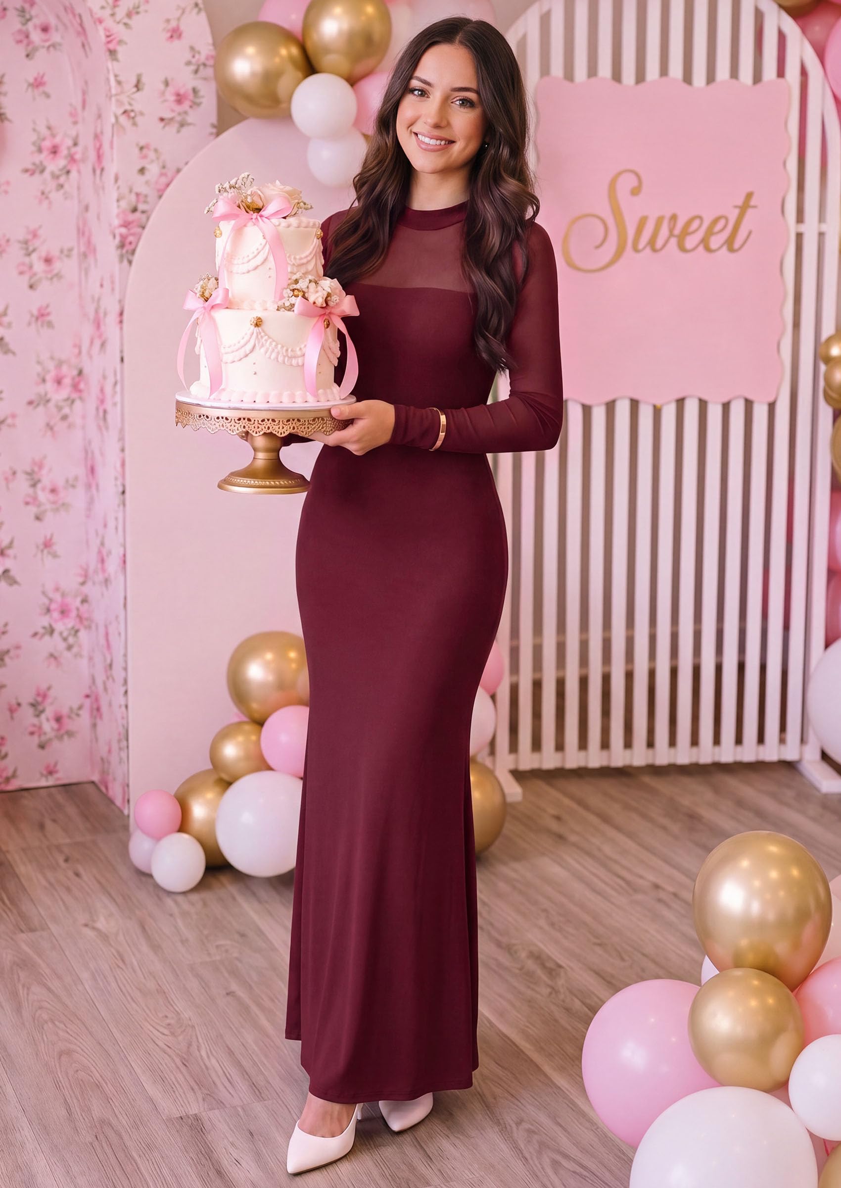 Women's Long Sleeve Formal Mesh Fall Wedding Guest Maxi Dress