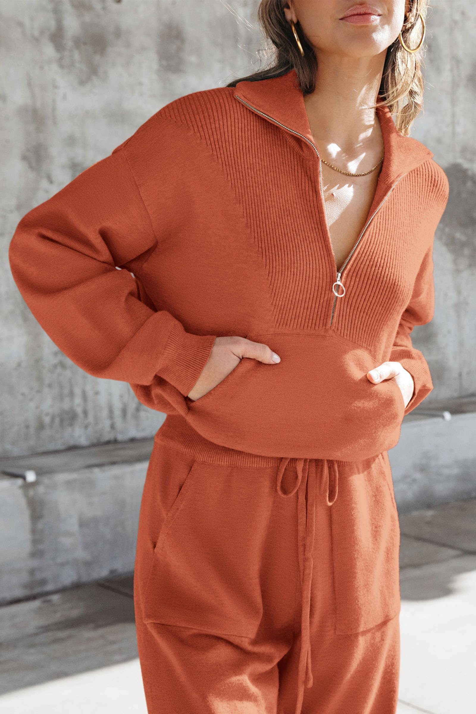 Women's 2 Piece Sweatsuits Set Fall Outfits(Orange Red,M)