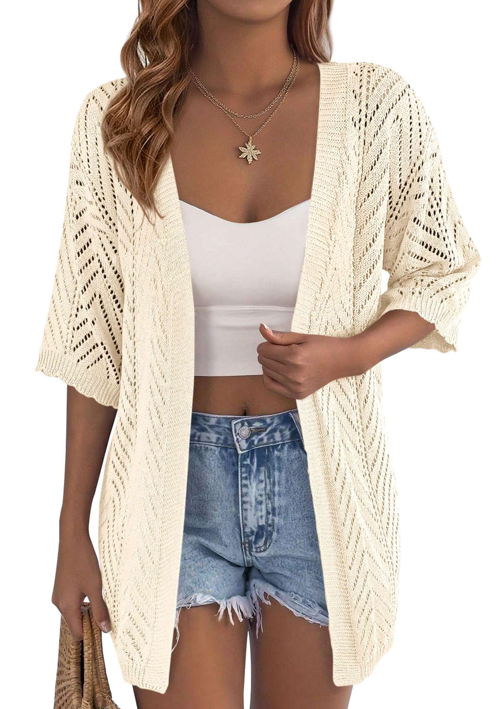 Women Lightweight Summer Short Sleeve Cardigan, Beige,S