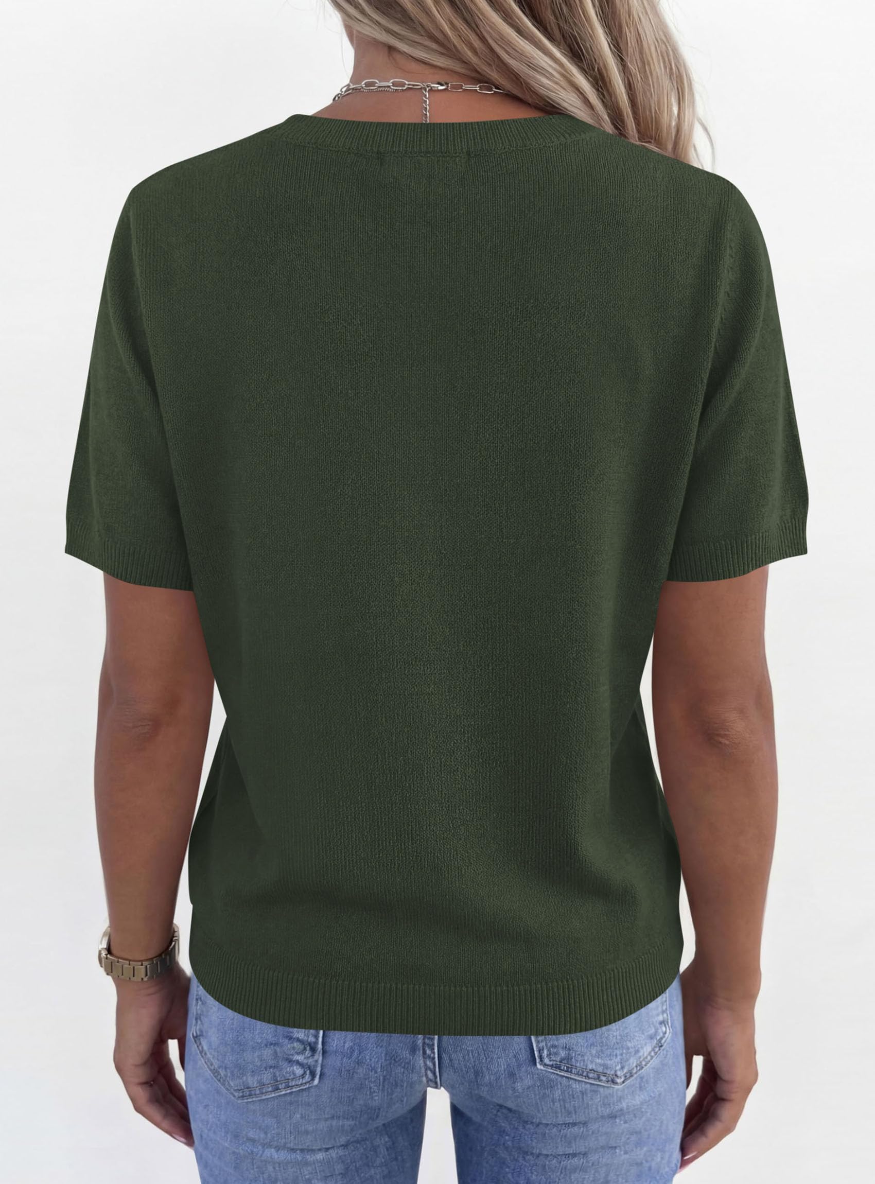 Womens Short Sleeve Sweater V Neck Tops,Army Green,S