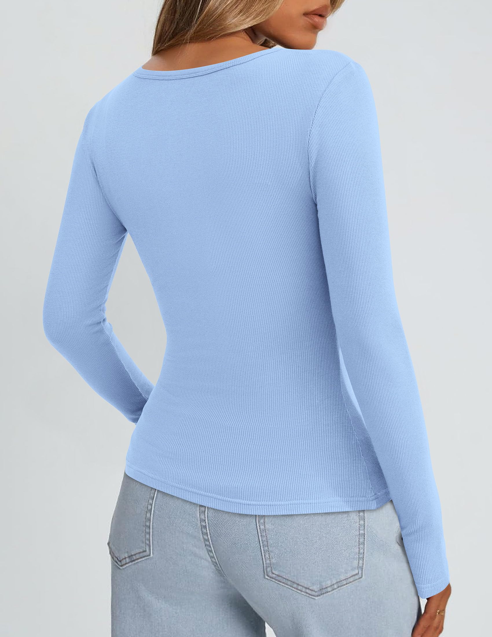 Square Neck Long Sleeve Shirts for Women Light Blue,L