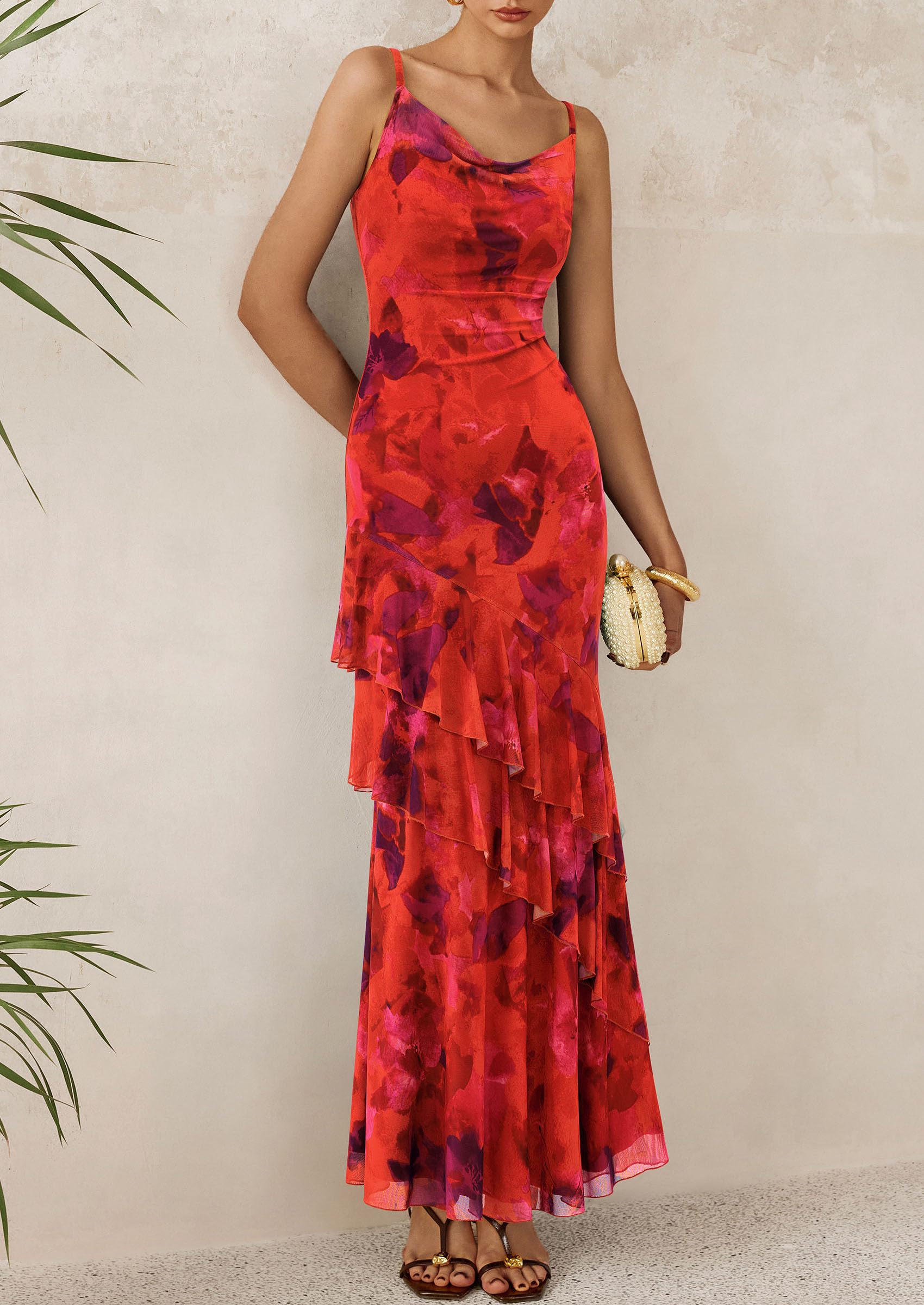 Women's Boho Floral Tiered Maxi Dress, Floral Rust Red,XS