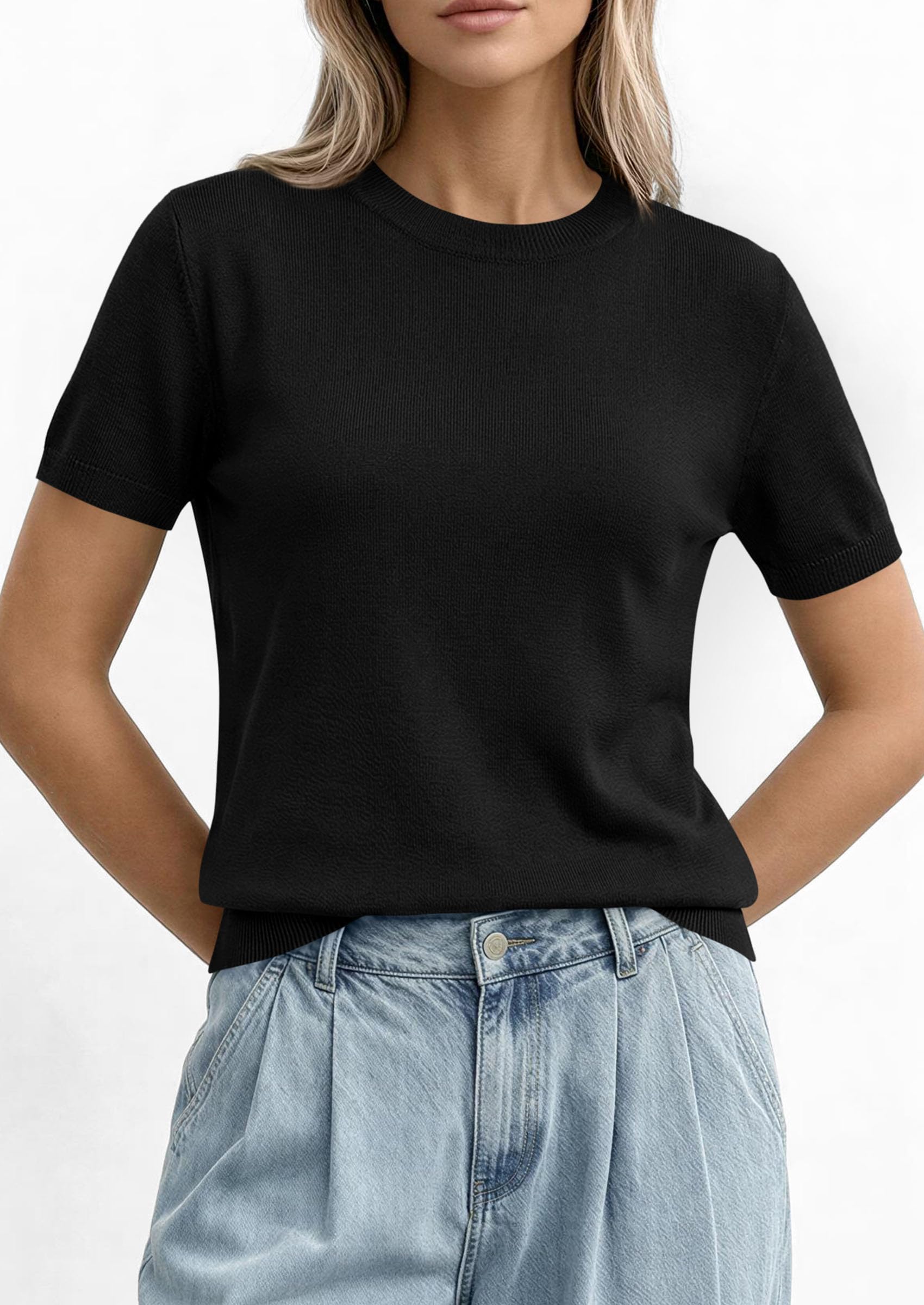 Women's Short Sleeve Sweaters Summer Tops,Black,S