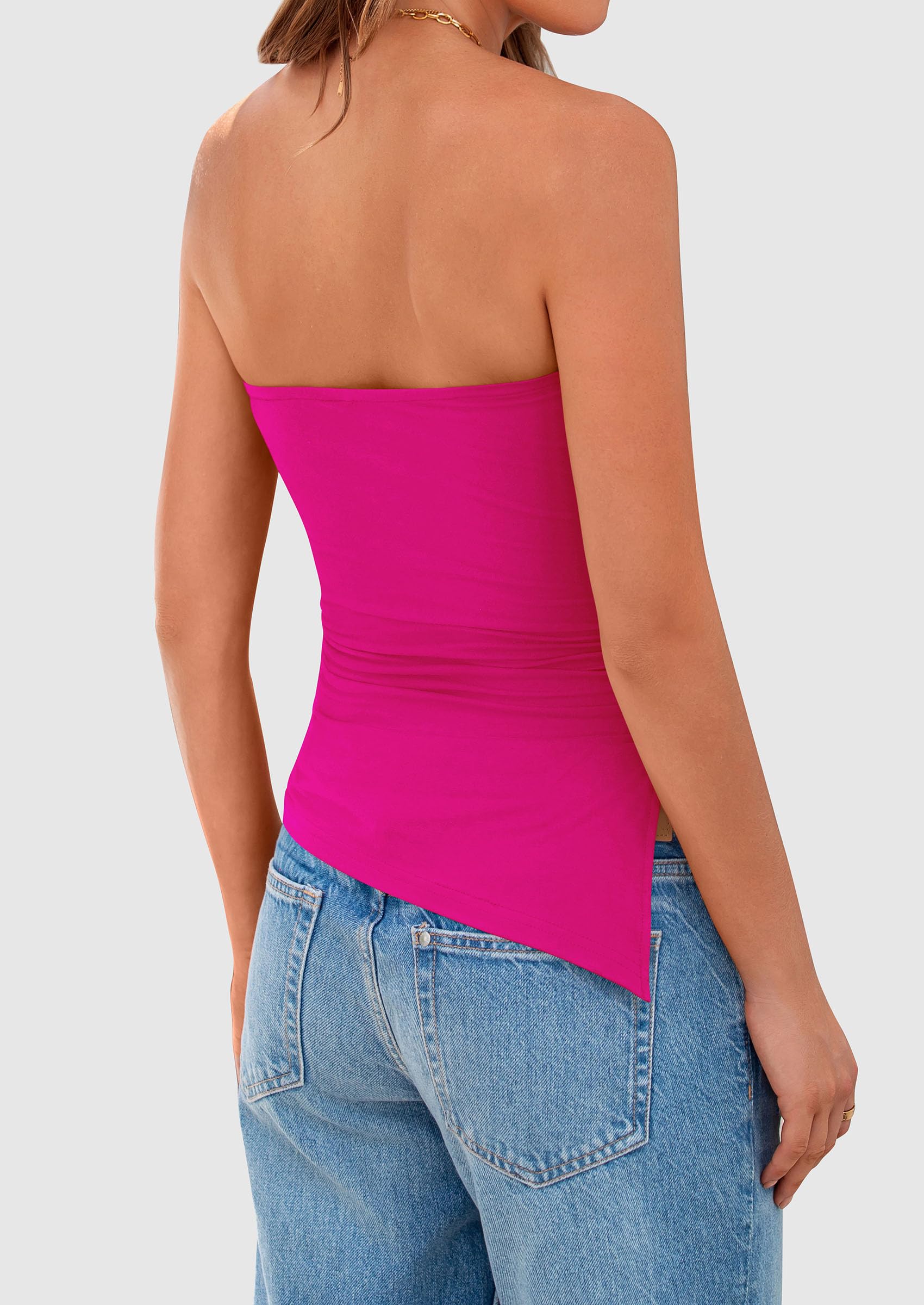 Women's Ruched Asymmetrical Strapless Tube Top, Rose Red,S
