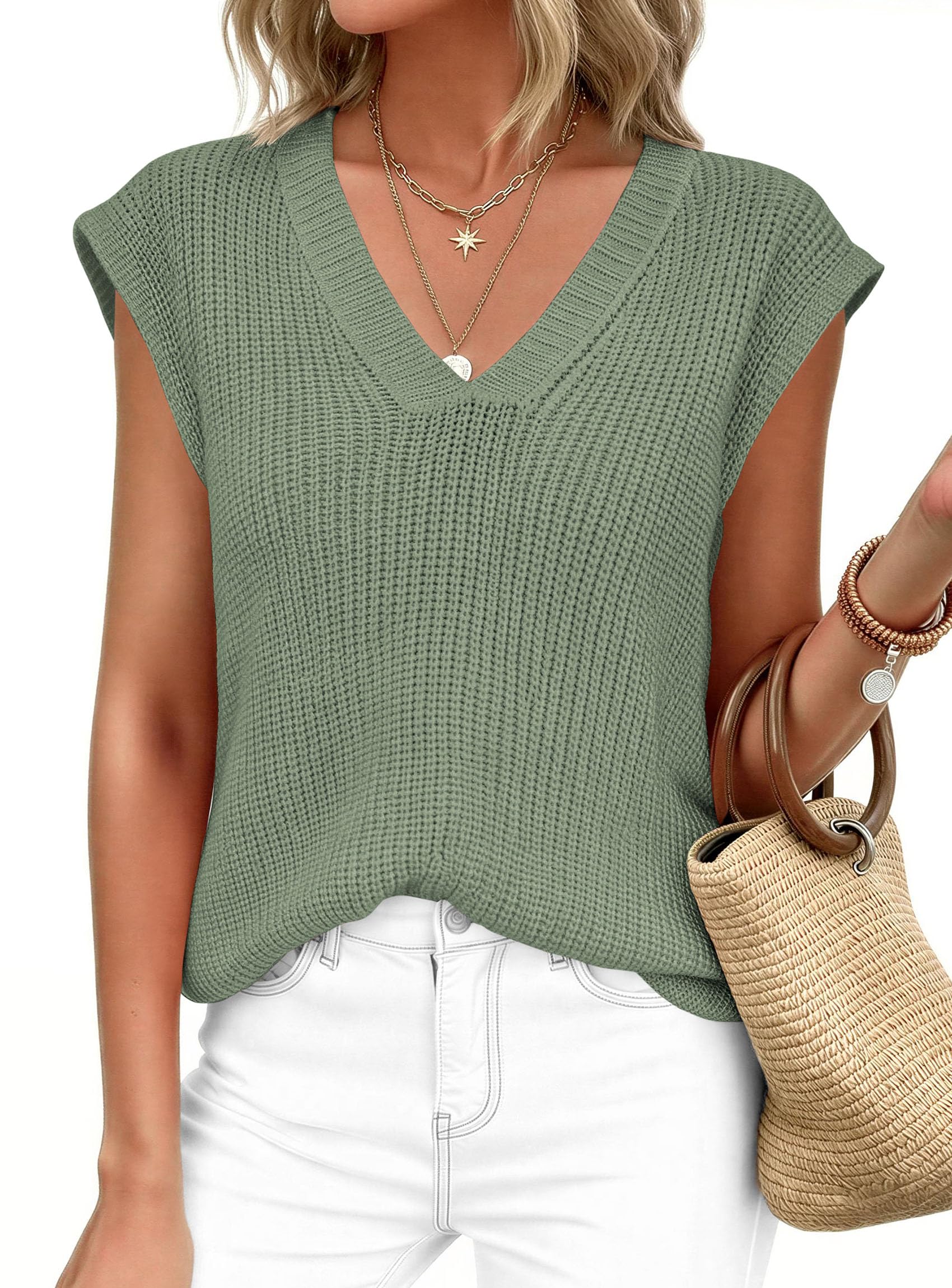 Women's Cap Sleeve Sweaters Vest Summer Tops (Green,S)