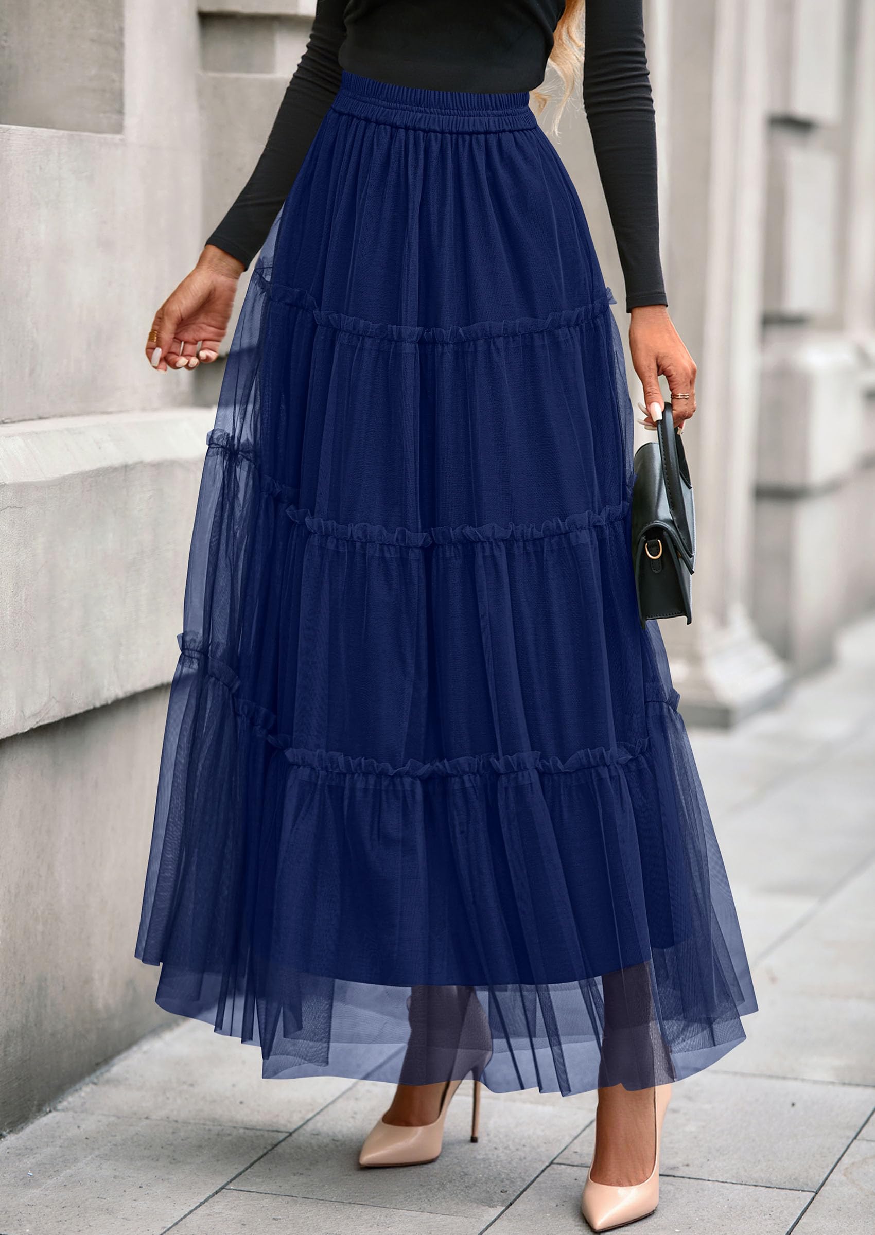 Women's Fall Soft Tulle Tiered Long Skirt,Navy Blue,S
