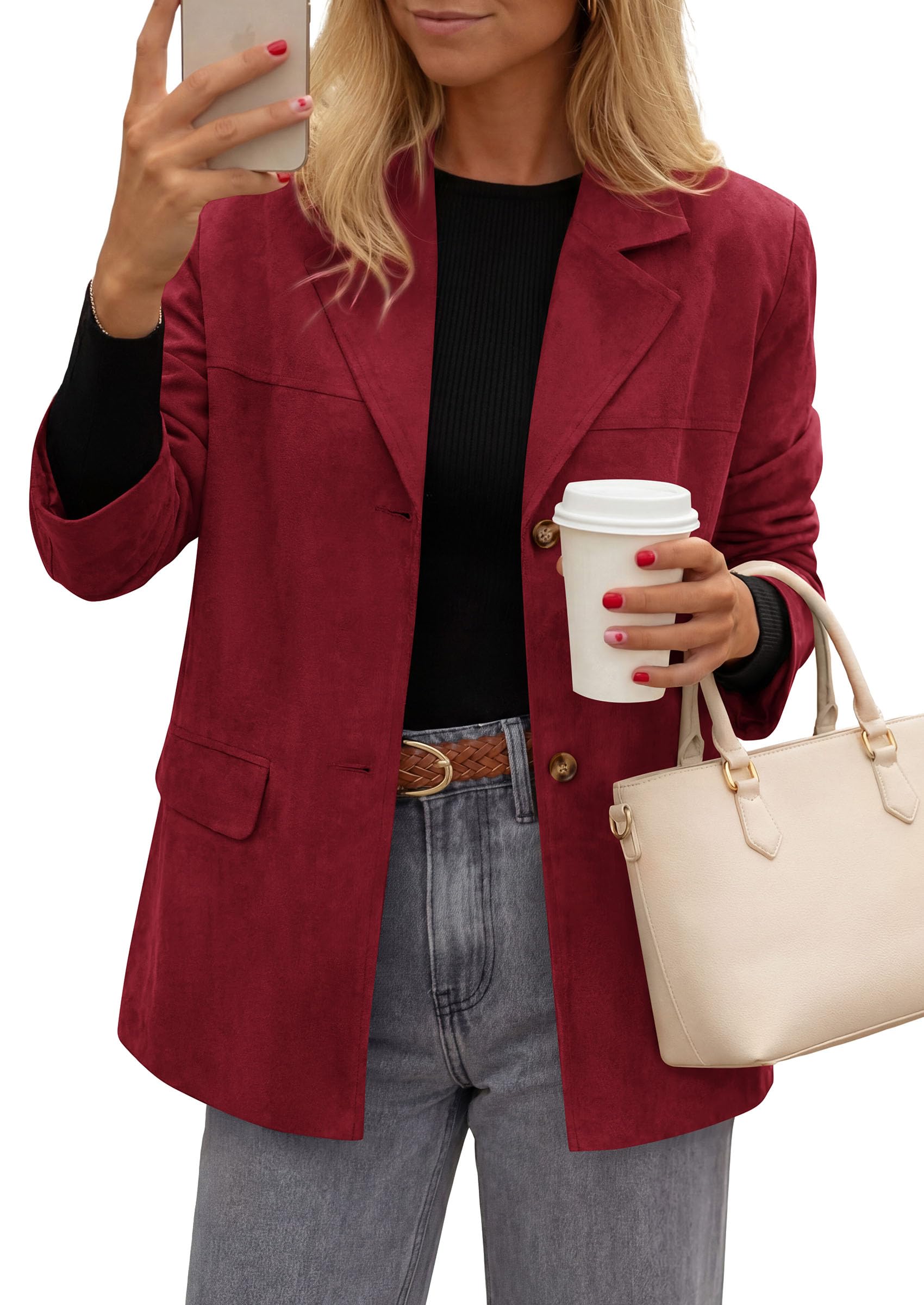 Blazers for Women Western Fall Faux Suede Jacket Burgundy