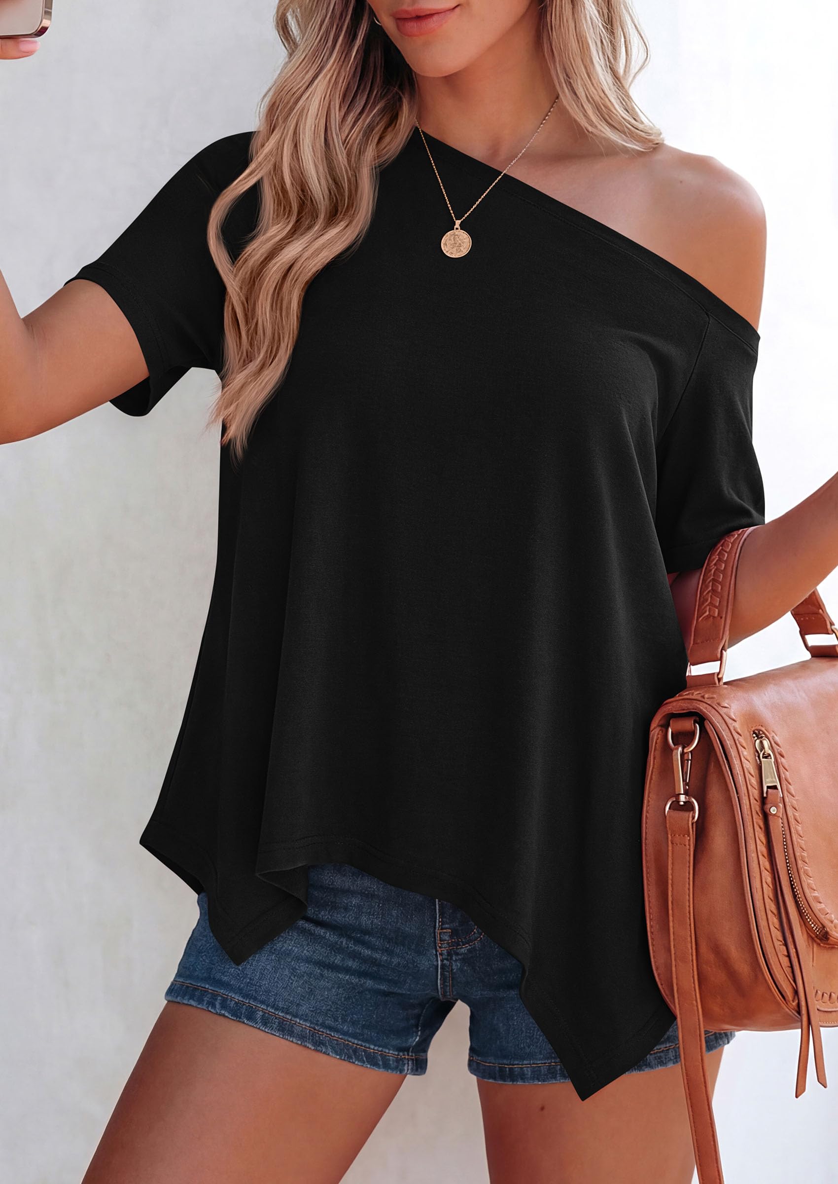Off Shoulder Tops for Women Oversized Tshirts, Black,S