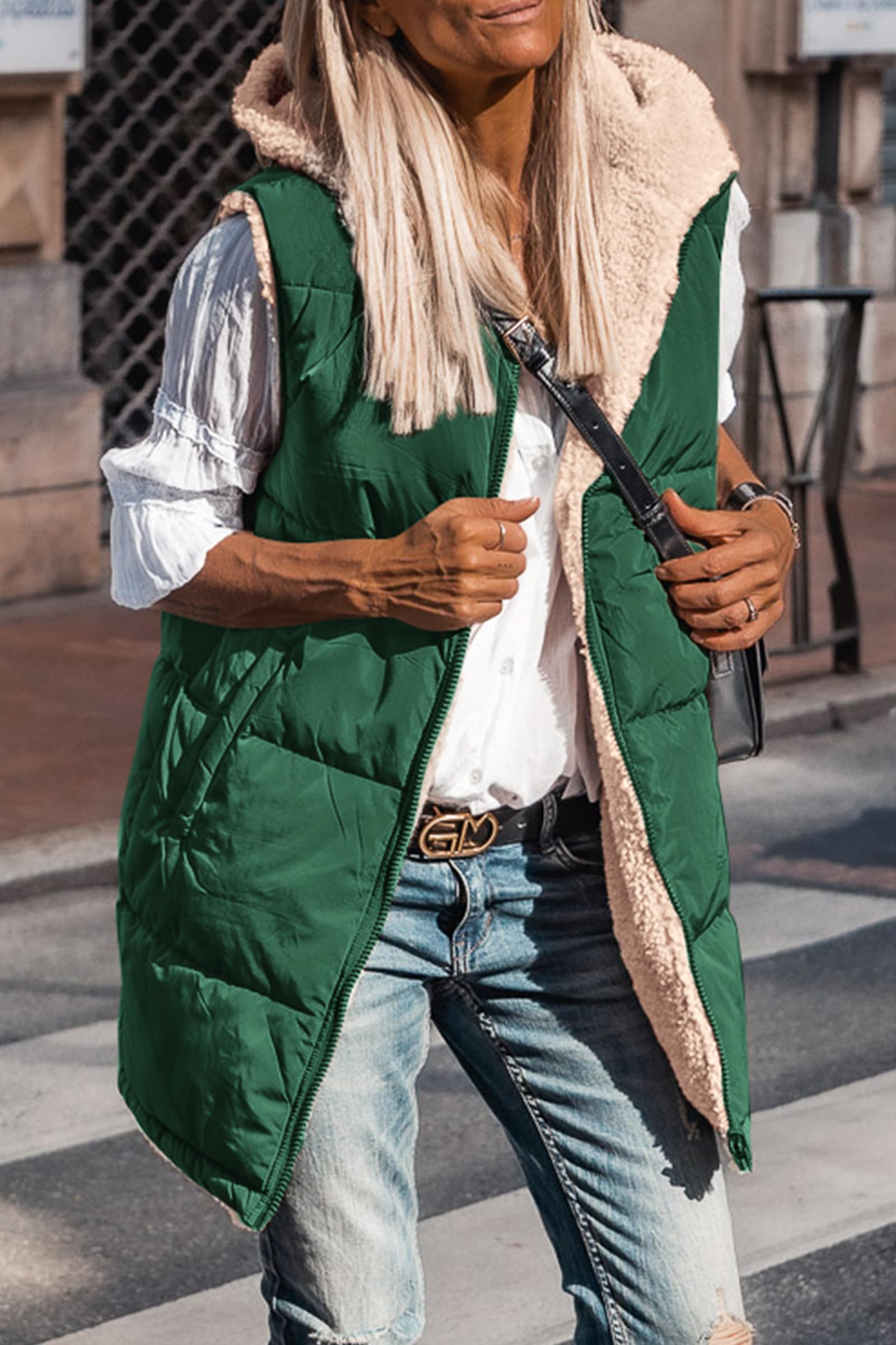 Women's Winter Reversible Fleece Long Vests(Dark Green,M)