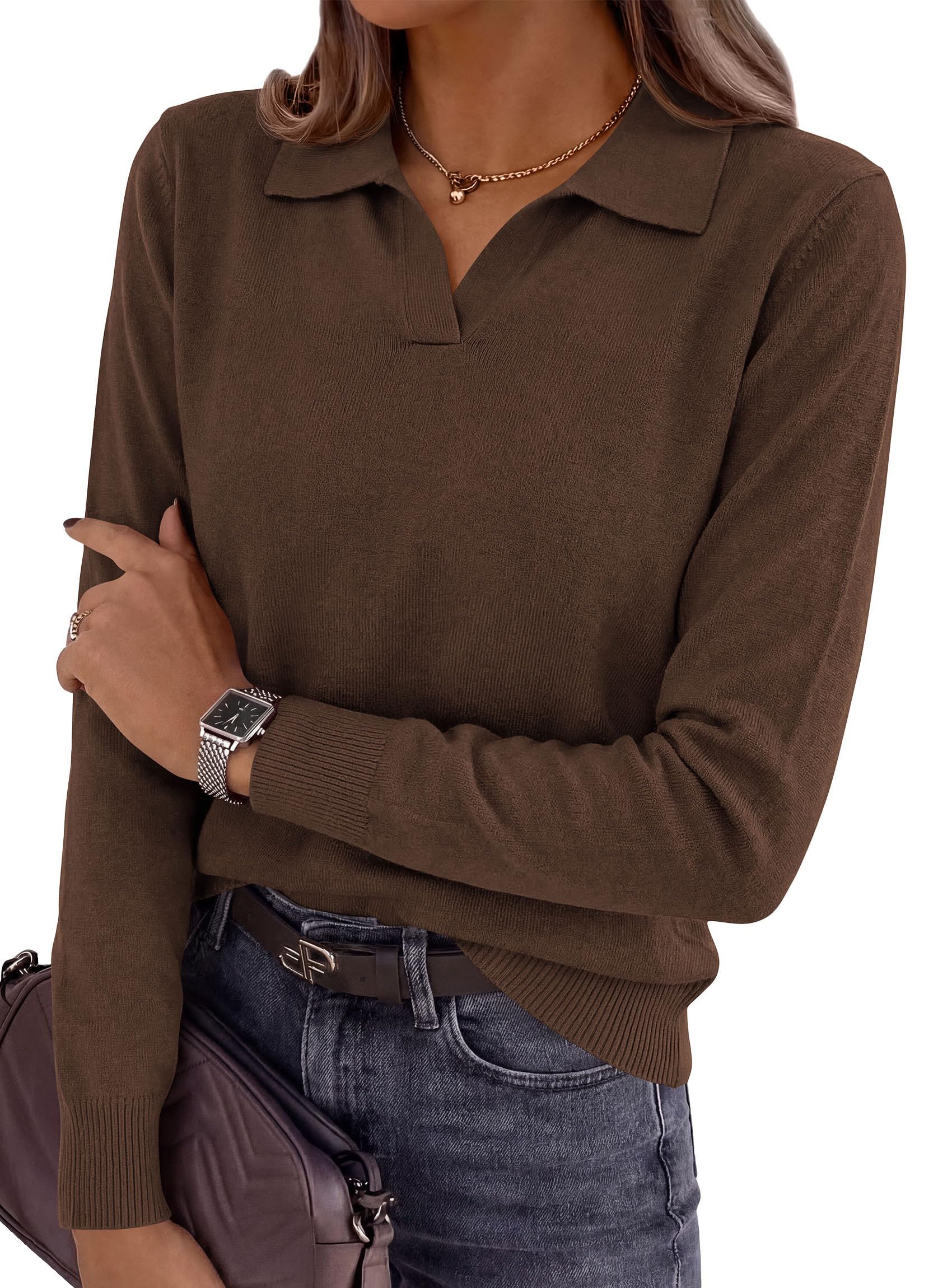 Womens Long Sleeve Collared Polo Sweater,Brown,S