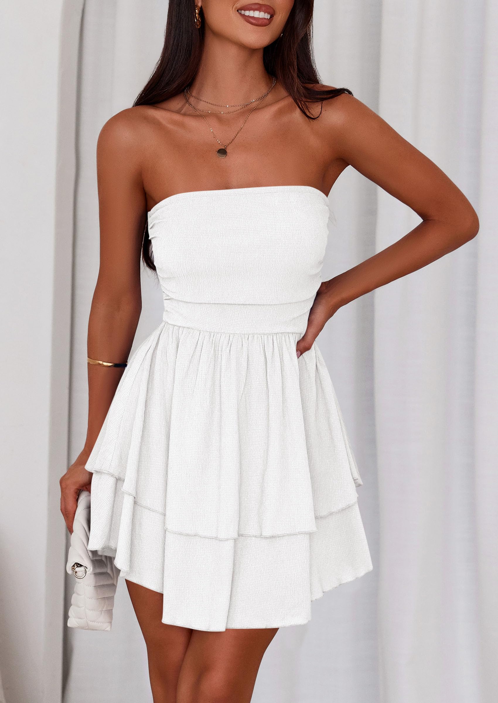 Women's Summer Strapless Flowy Mini Dresses (White,S)