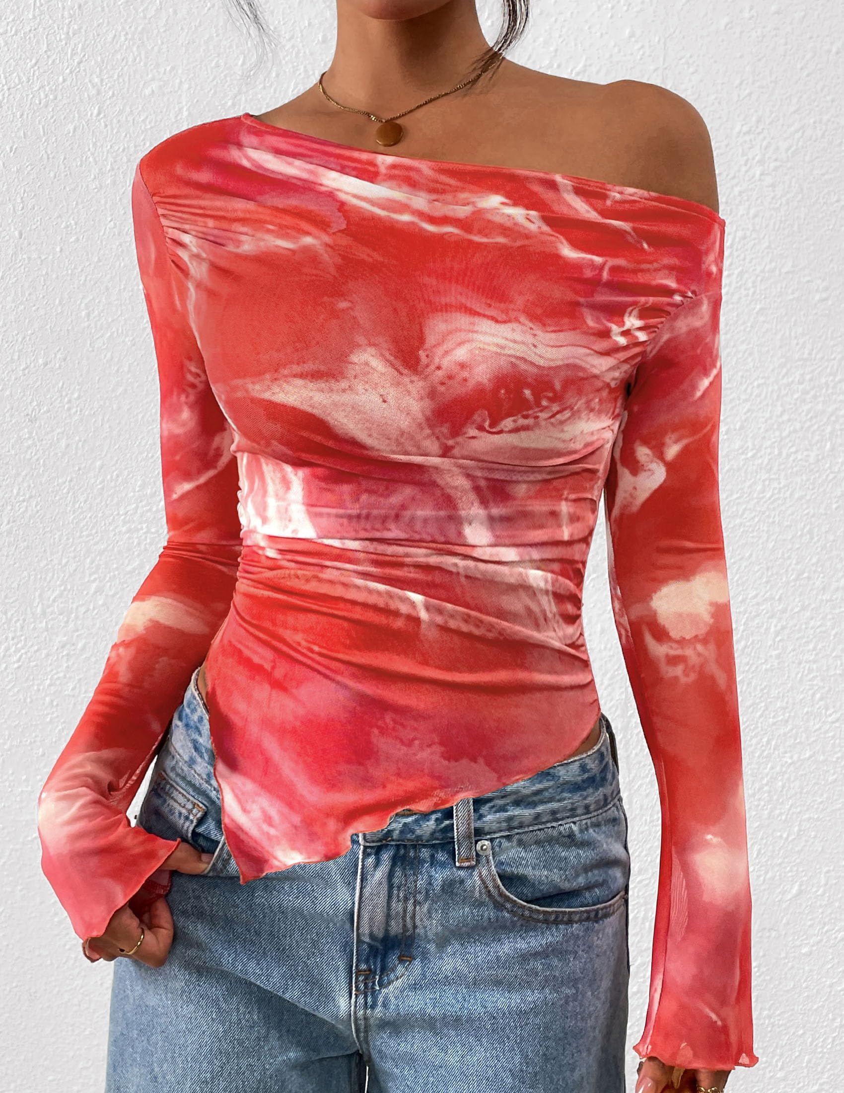 Womens Off Shoulder Mesh Y2k Tops,Floral Brick Red,XS