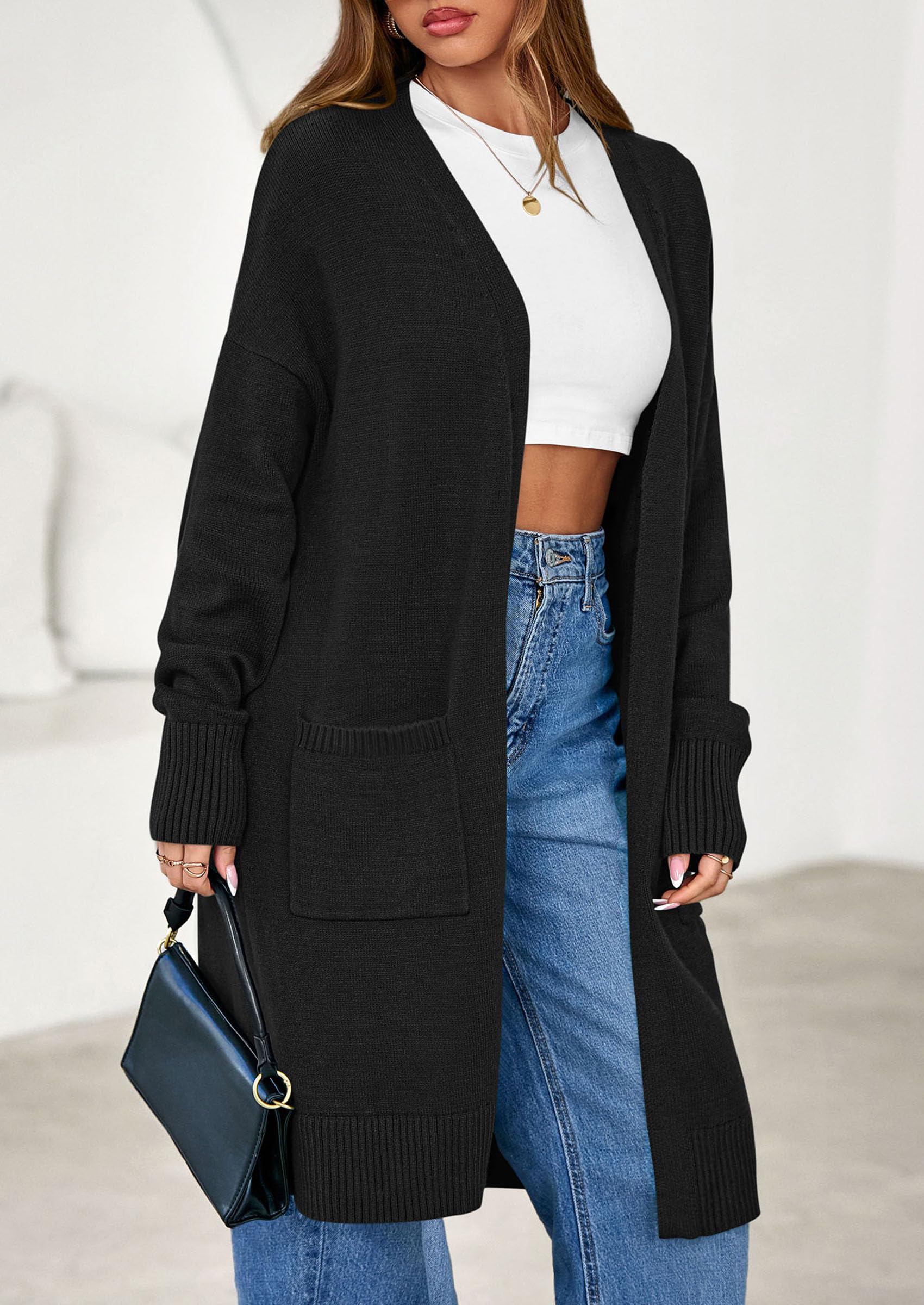 Women's Oversized Open Front Long Knit Cardigan,Black,S