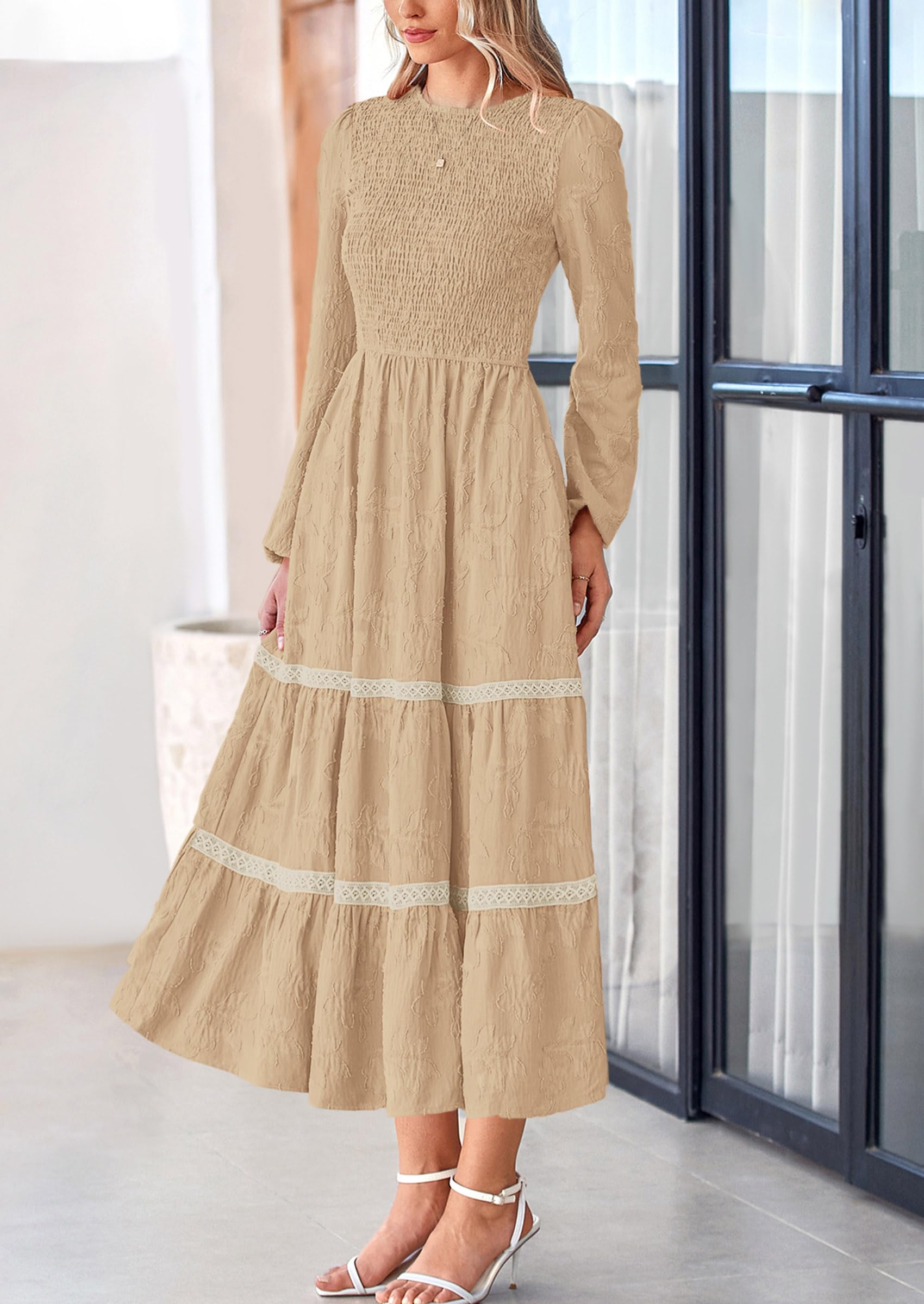 Women's Long Sleeve Boho Floral Midi Dress, Apricot,S