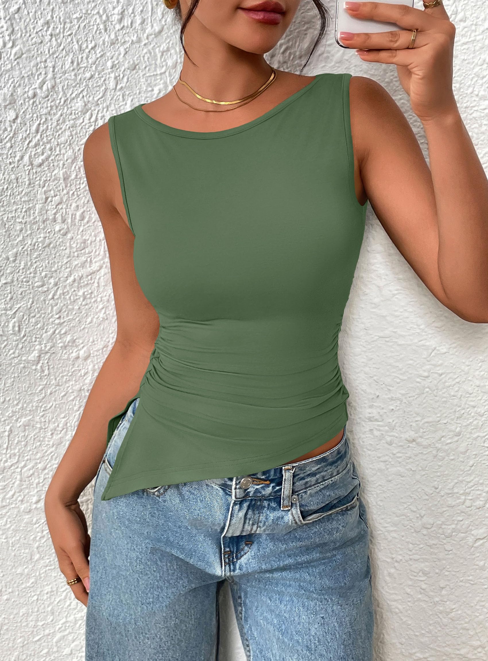 Women's Ruched Tank Tops Summer Y2K Shirts,Sage Green,S