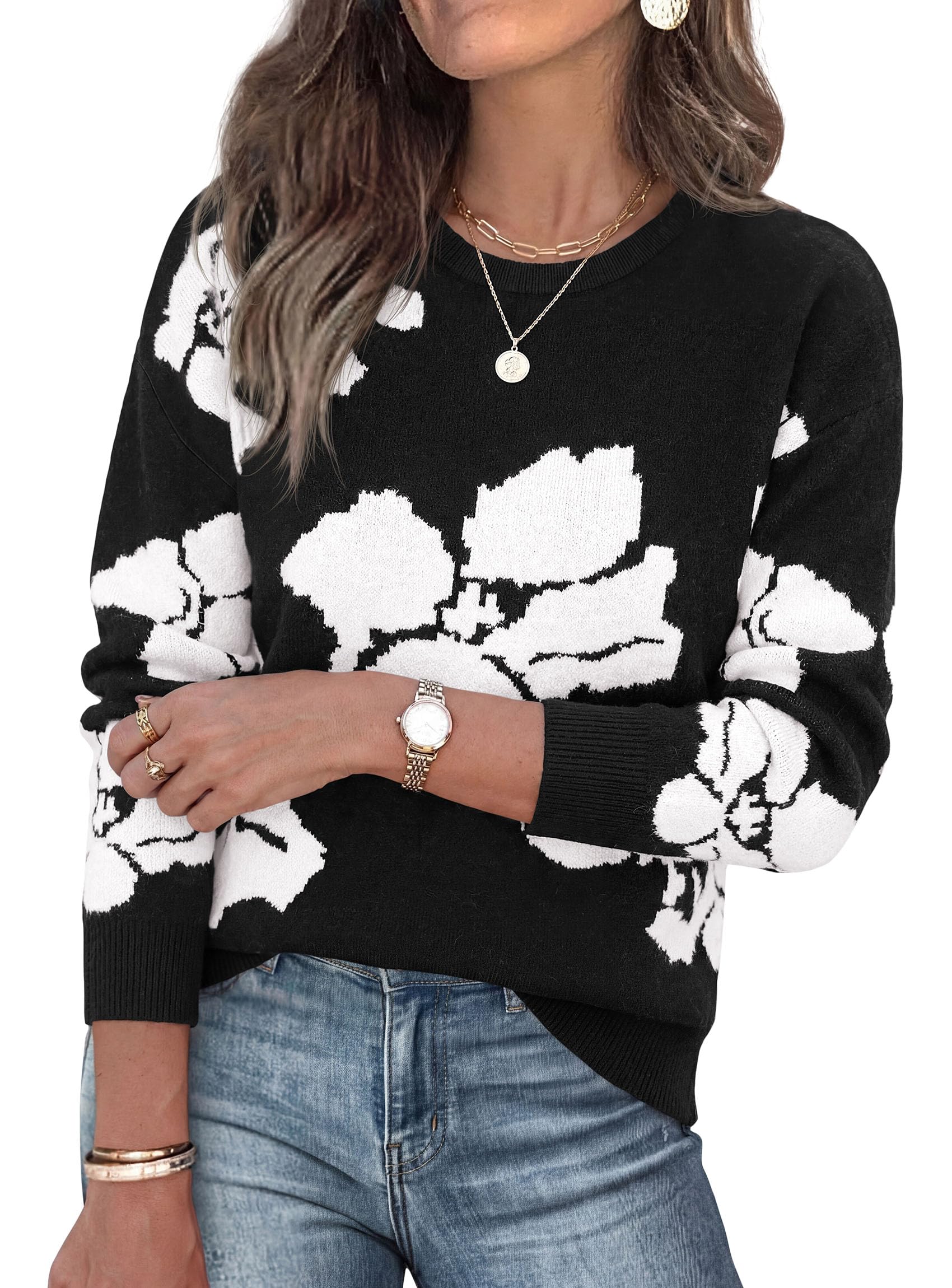 Womens Floral Sweater Crewneck Printed Pullover Tops Black