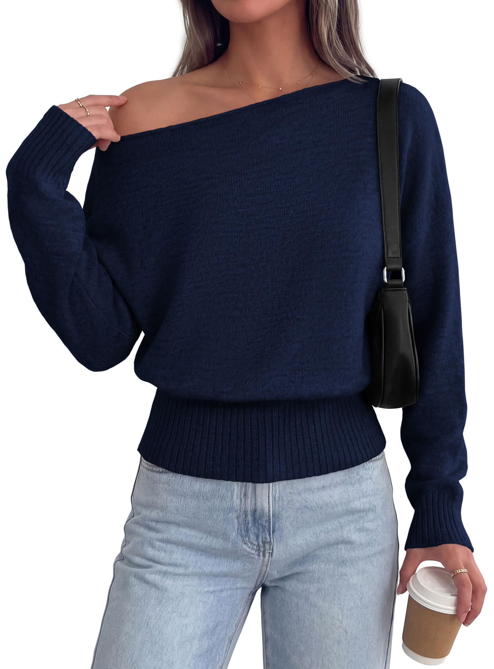 Womens Off The Shoulder Sweater Fall Fashion,Navy Blue,S