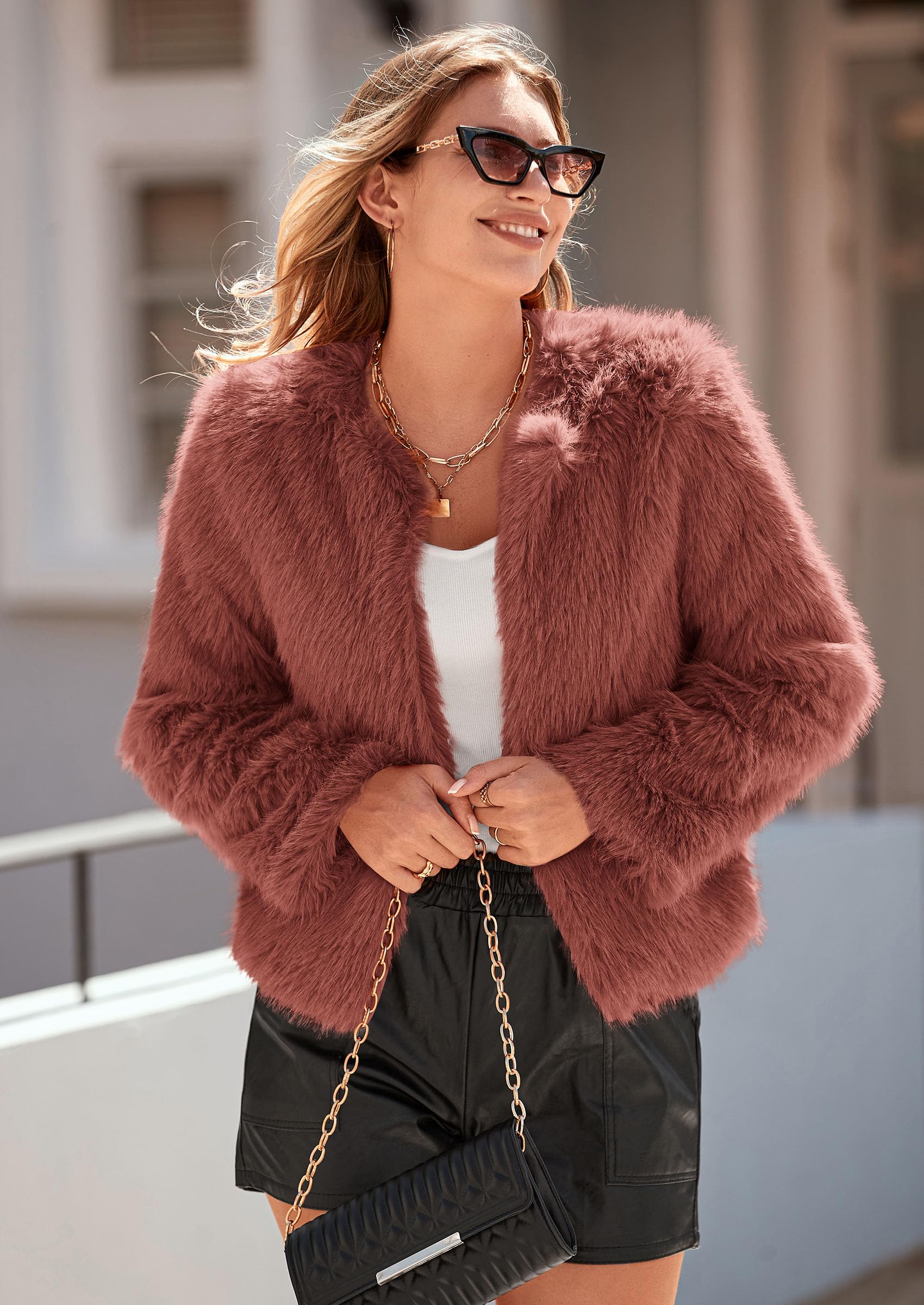 Women's Winter Cropped Faux Fur Coats(Rust Red,Small)