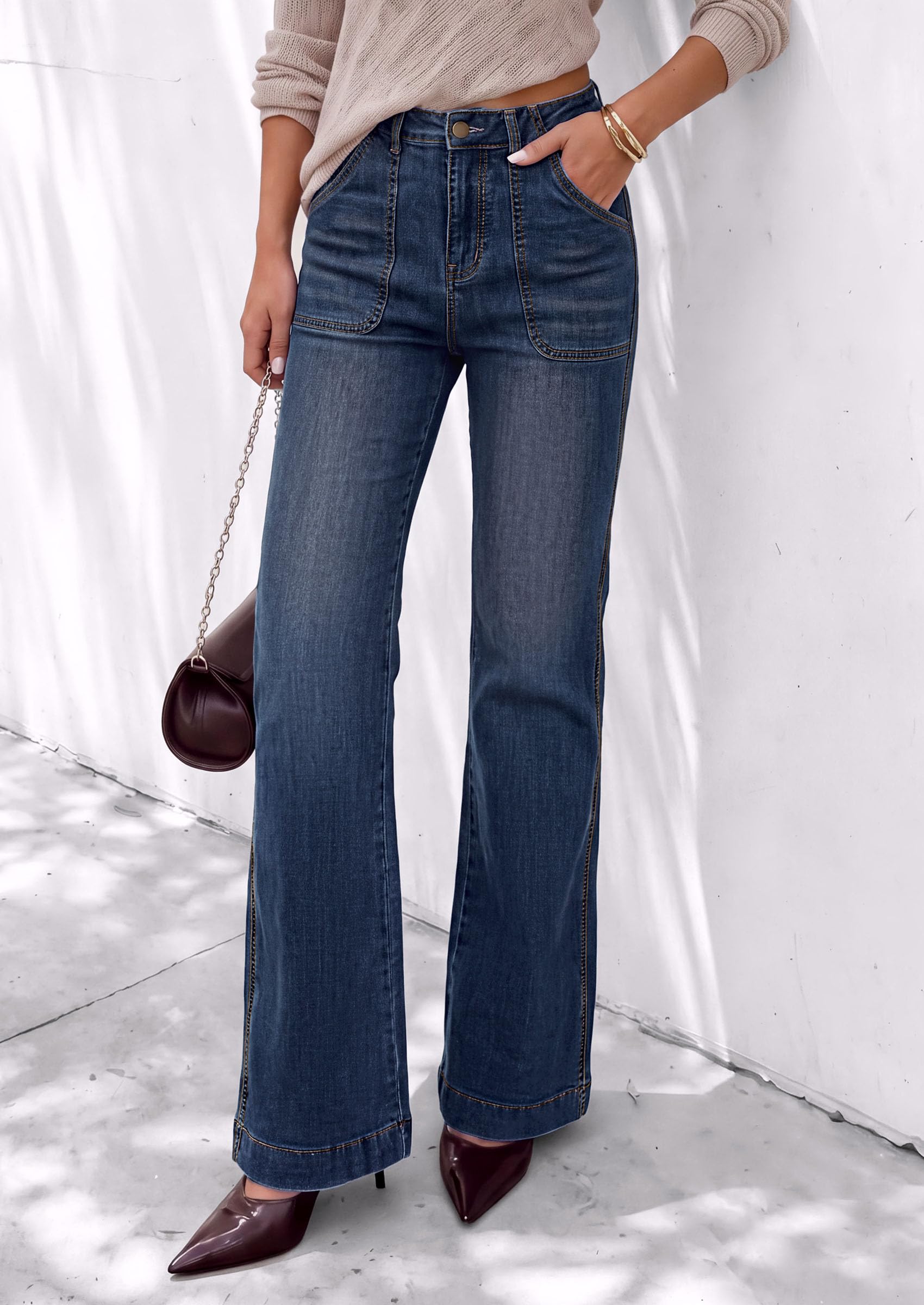Womens High Waisted Wide Leg Jeans Demin Pants Dark Blue