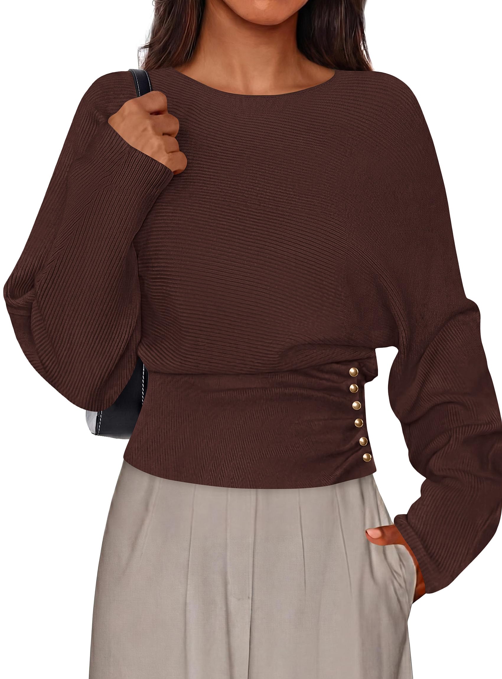 Batwing Sleeve Sweaters for Women Pullover Fall Clothes Brown