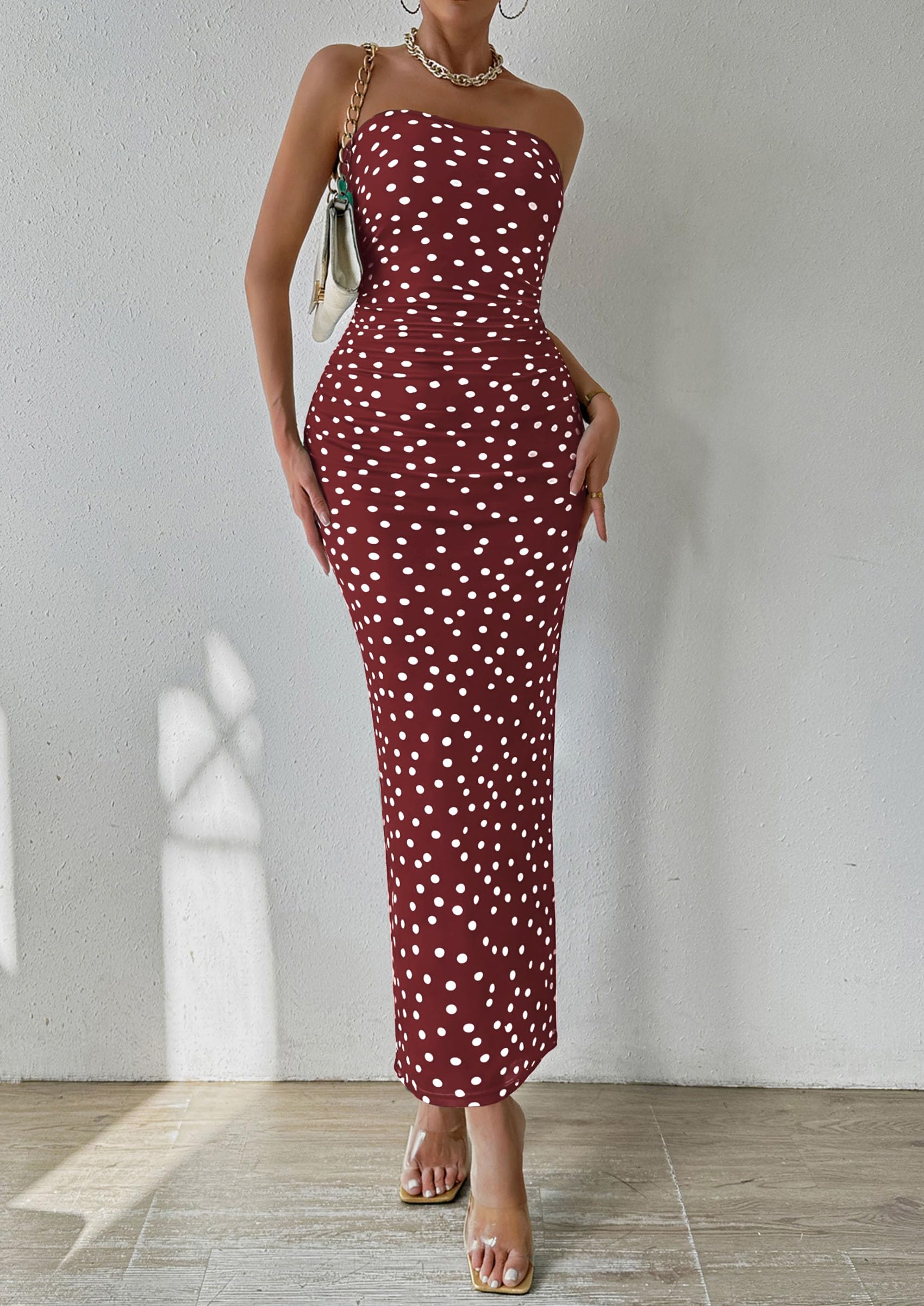 Womens Strapless Bodycon Maxi Dress, 01 Dot Burgundy White,S