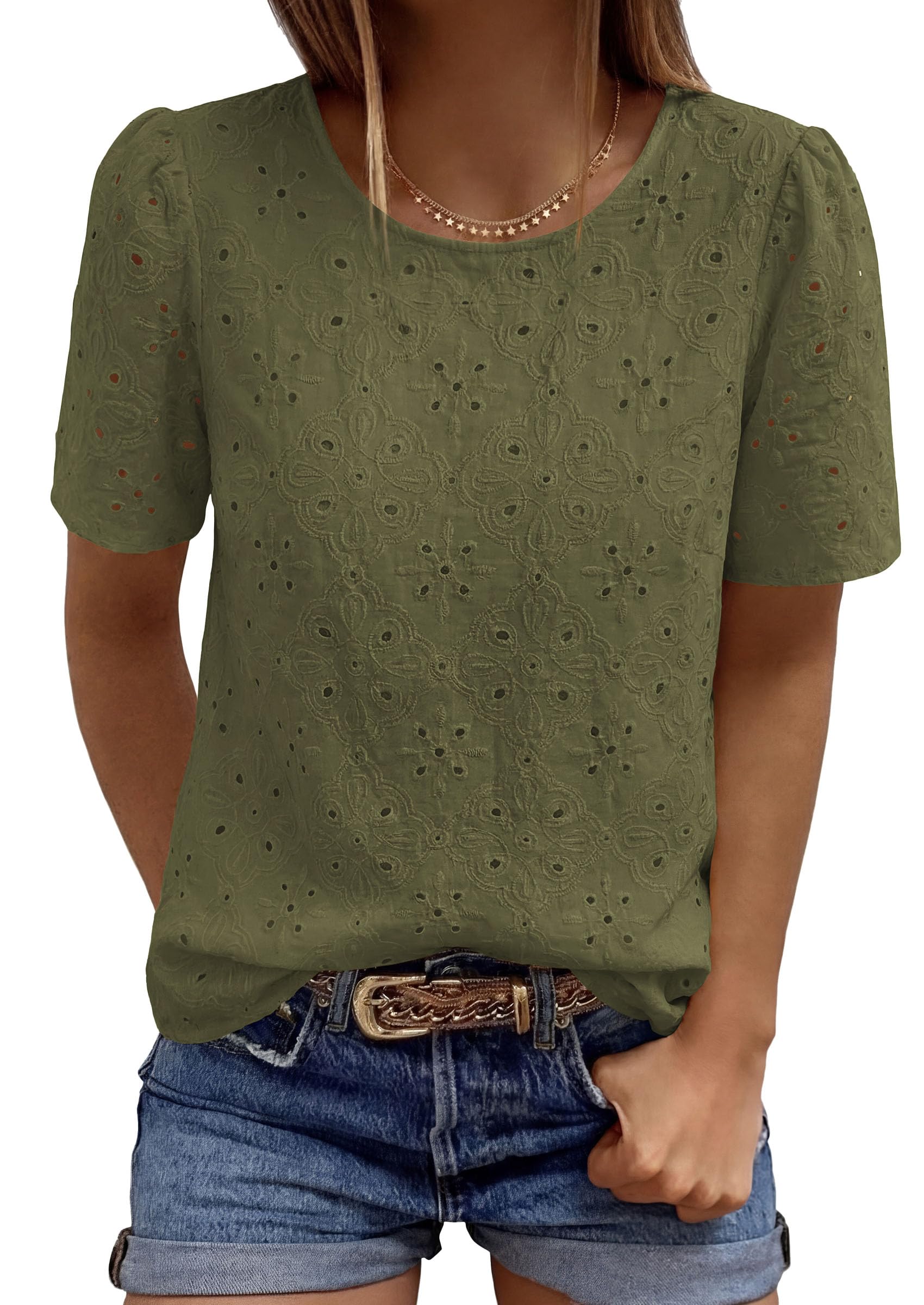 Women's Embroidered Eyelet Short Sleeve Blouse, Army Green,XS