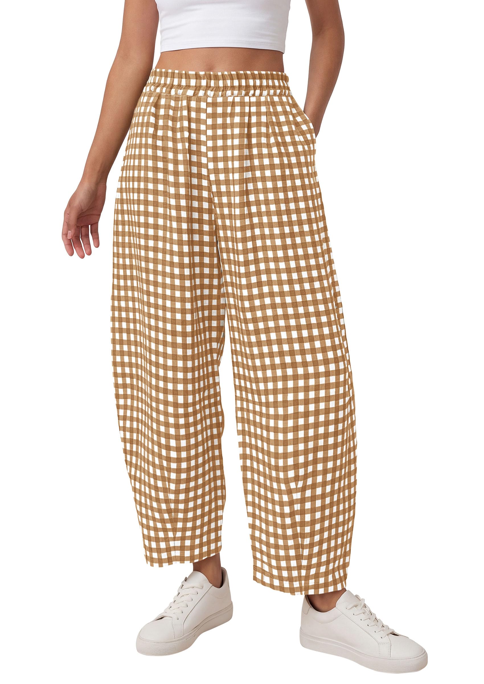 Plaid Barrel Pants Women Summer Bottoms, Khaki Plaid,S