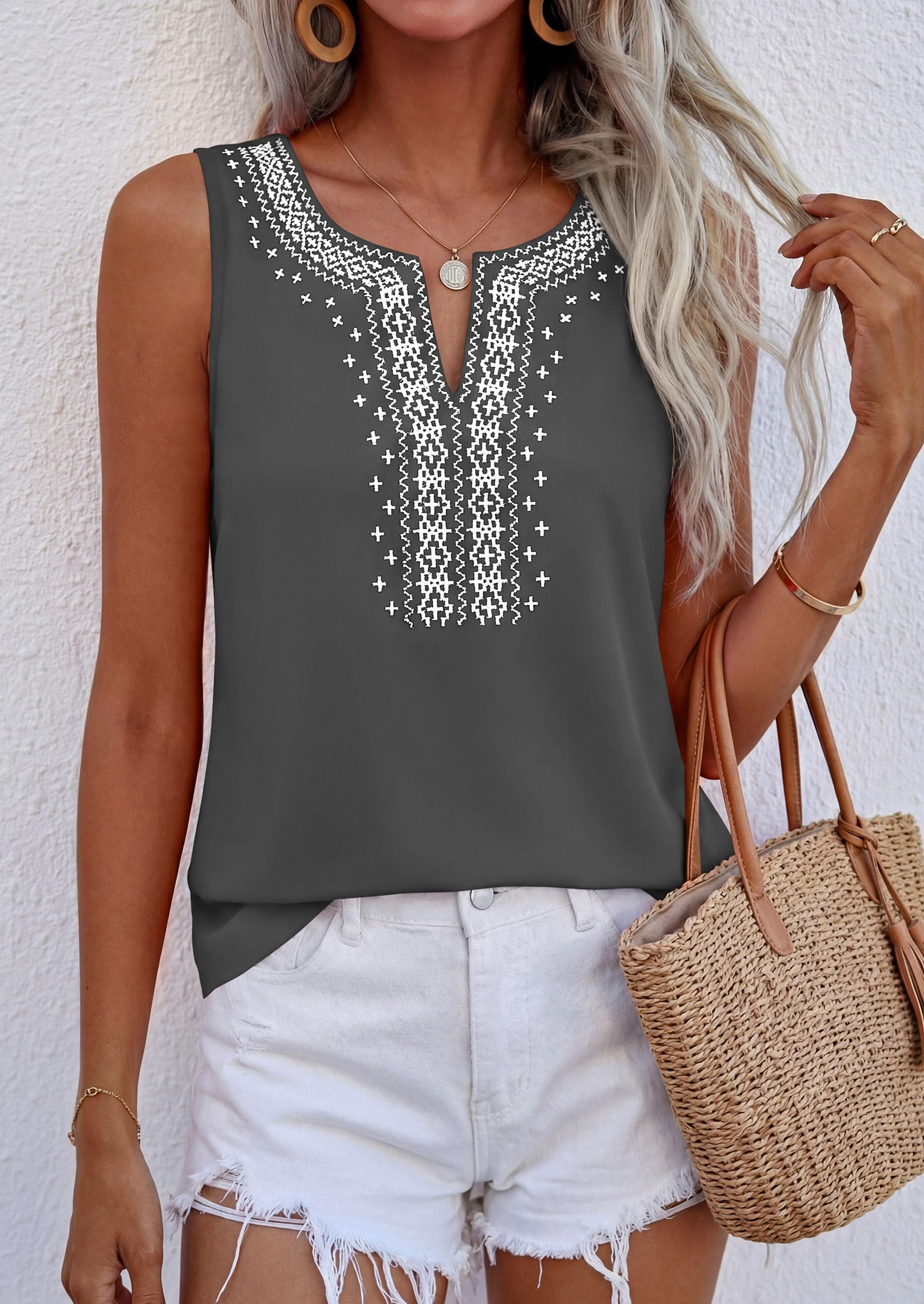 Womens Embroidered Sleeveless Tank Tops Grey,S