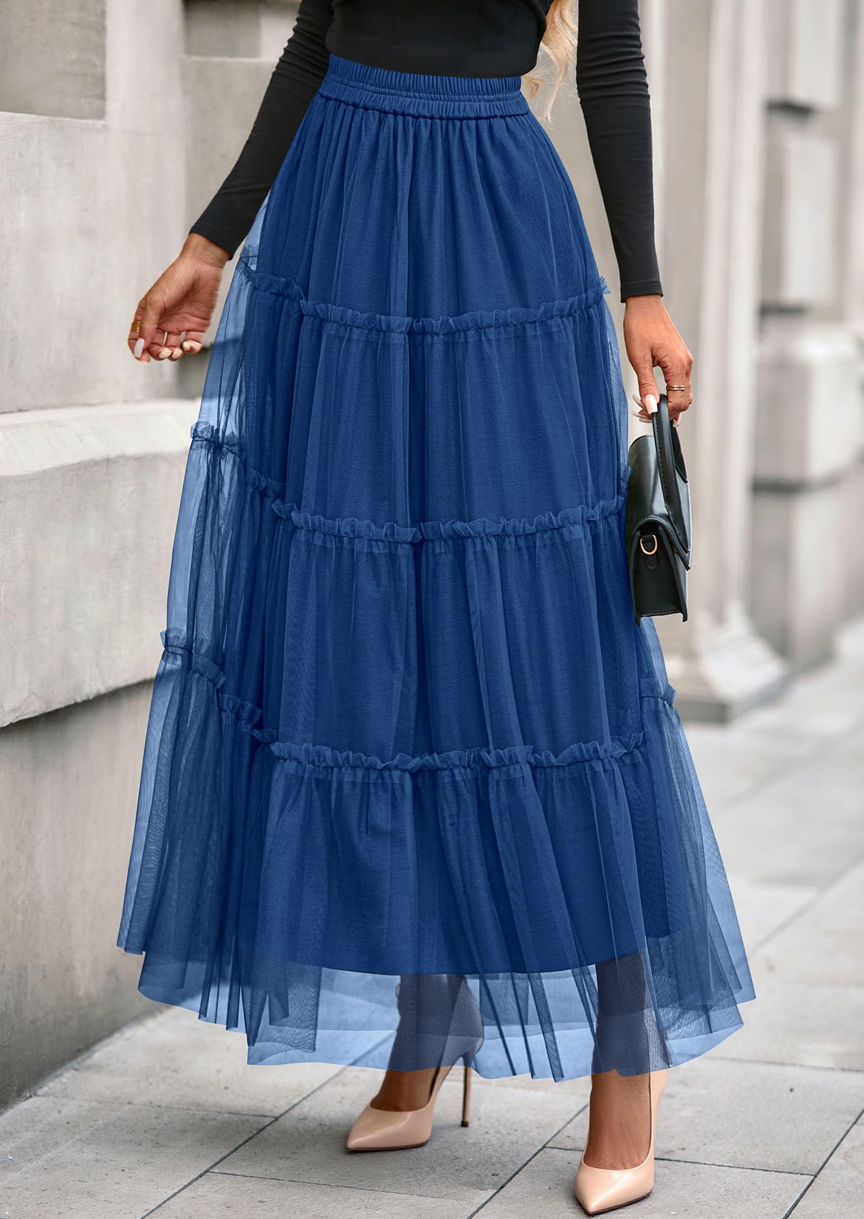 Women's Fall Soft Tulle Tiered Long Skirt,Blue,S