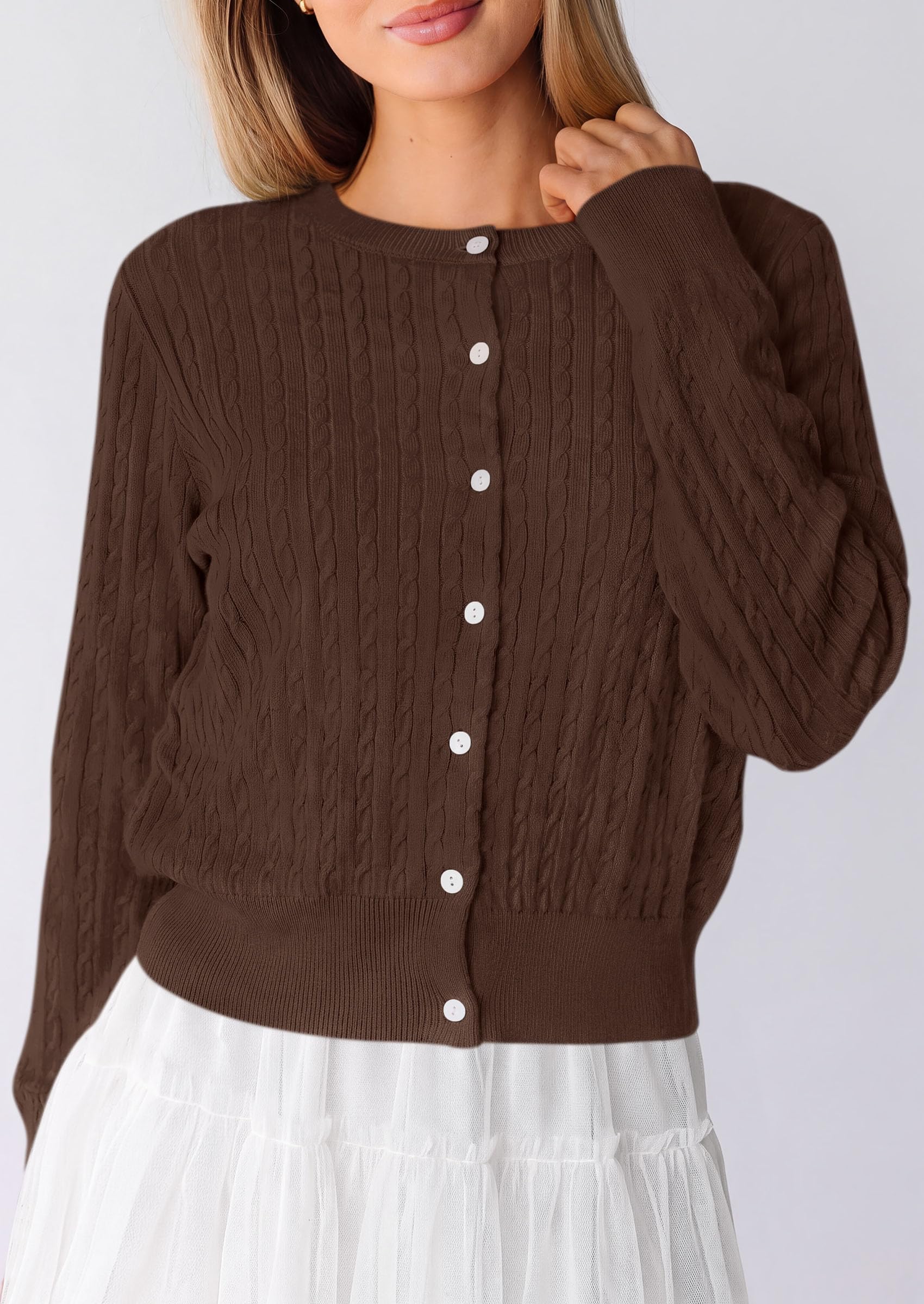 Women Fall Lightweight Cardigans Button Up Cable Knit Sweaters