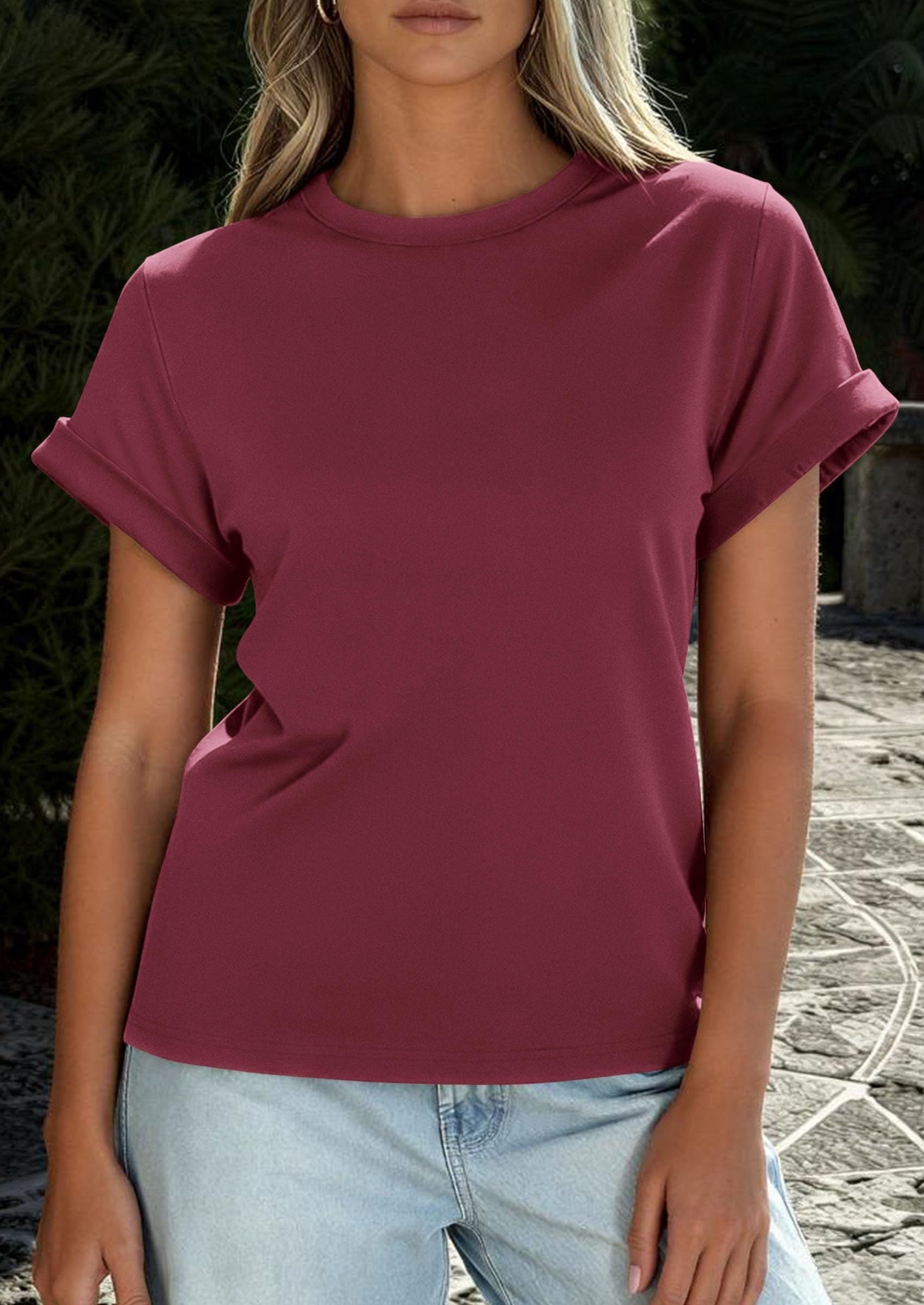 Womens Summer Tops Short Sleeve Shirts,Wine Red,M