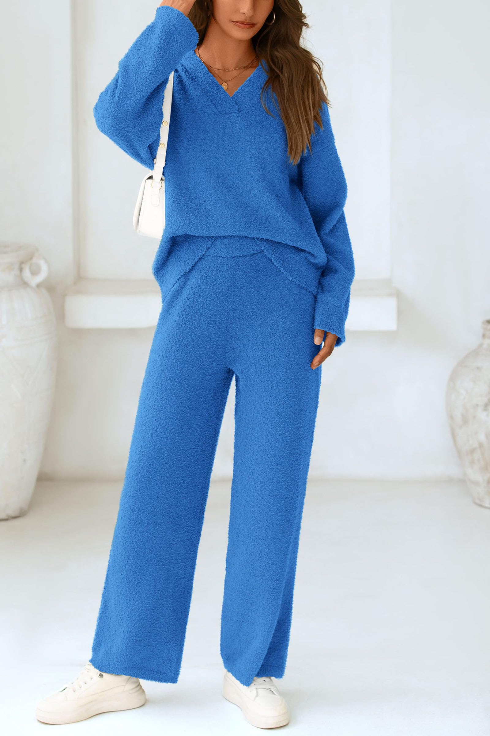 Lounge Sets for Women Fall 2 Piece Fuzzy Sweater Pajama Set