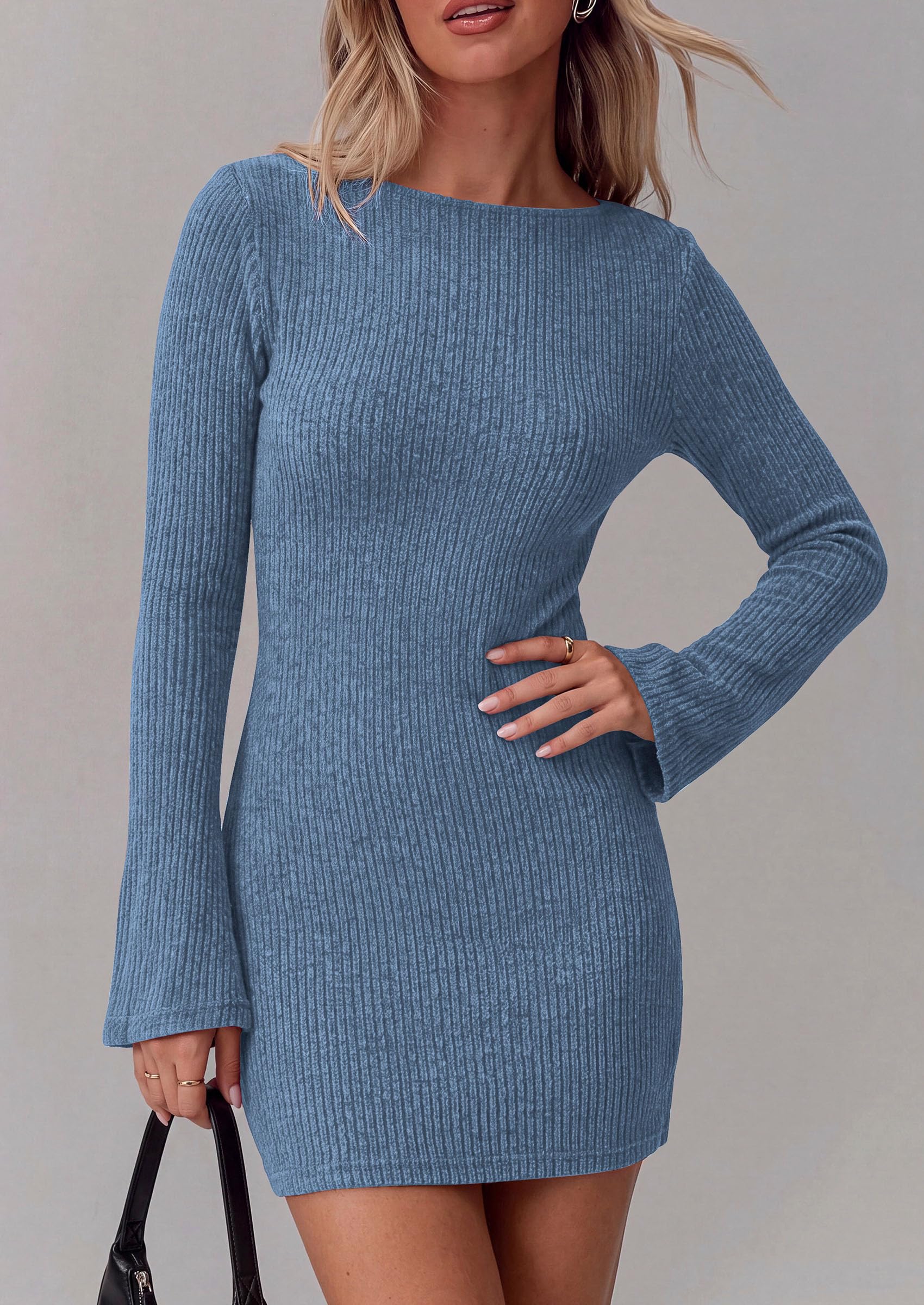 Womens Boat Neck Bell Long Sleeve Mini Sweater Dress Grey Blue