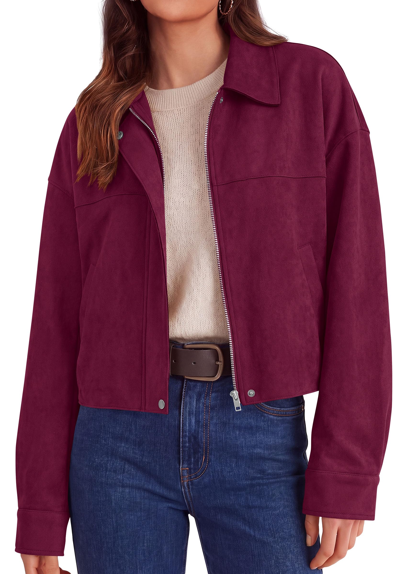 Women's Faux Suede Cropped Fall Jackets,Wine Red,S
