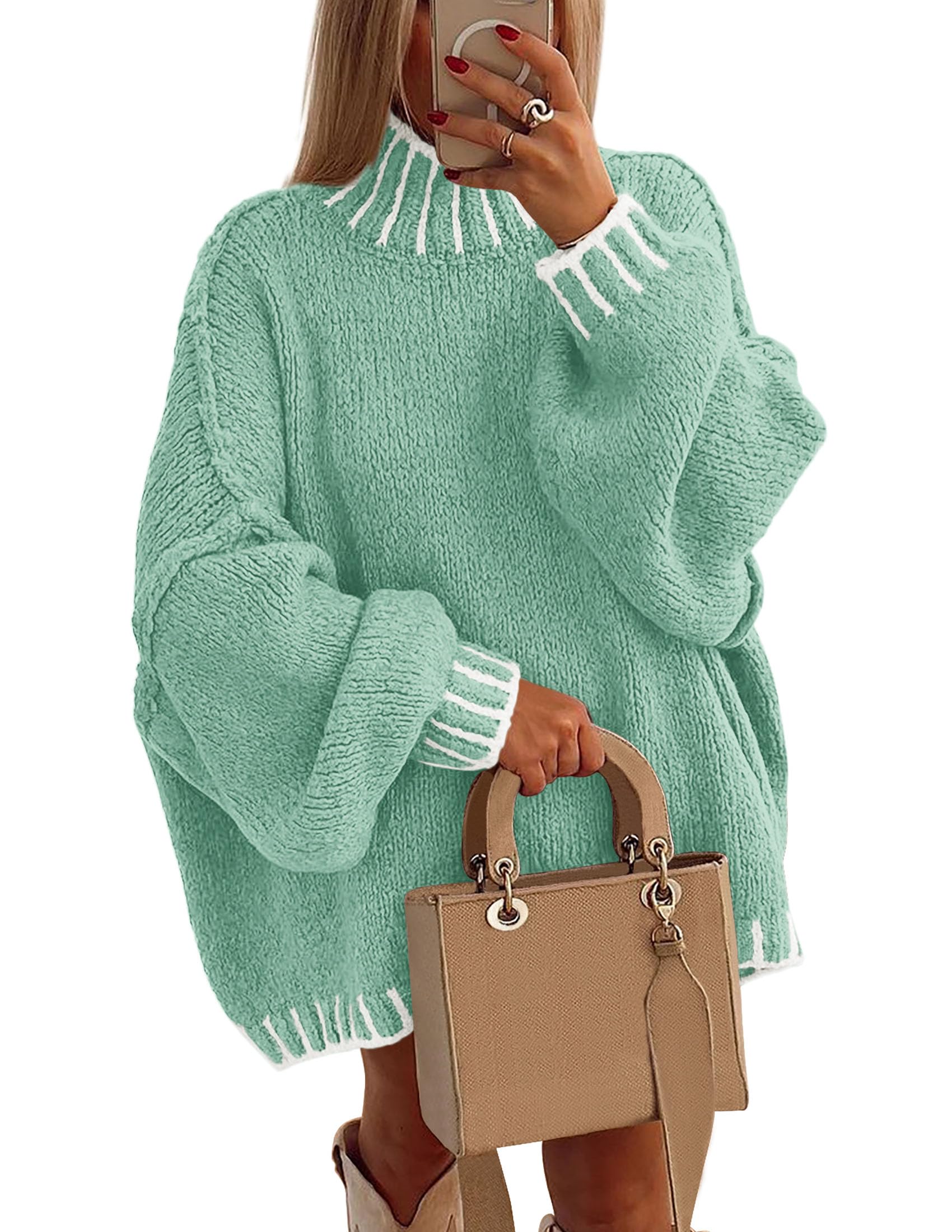 Women's Mock Neck Oversized Pullover Sweaters,Light Green,XS