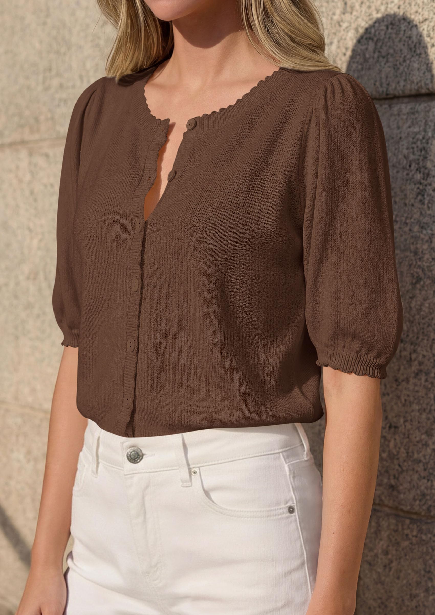 Women Short Sleeve Lightweight Knit Cardigans, Brown,S