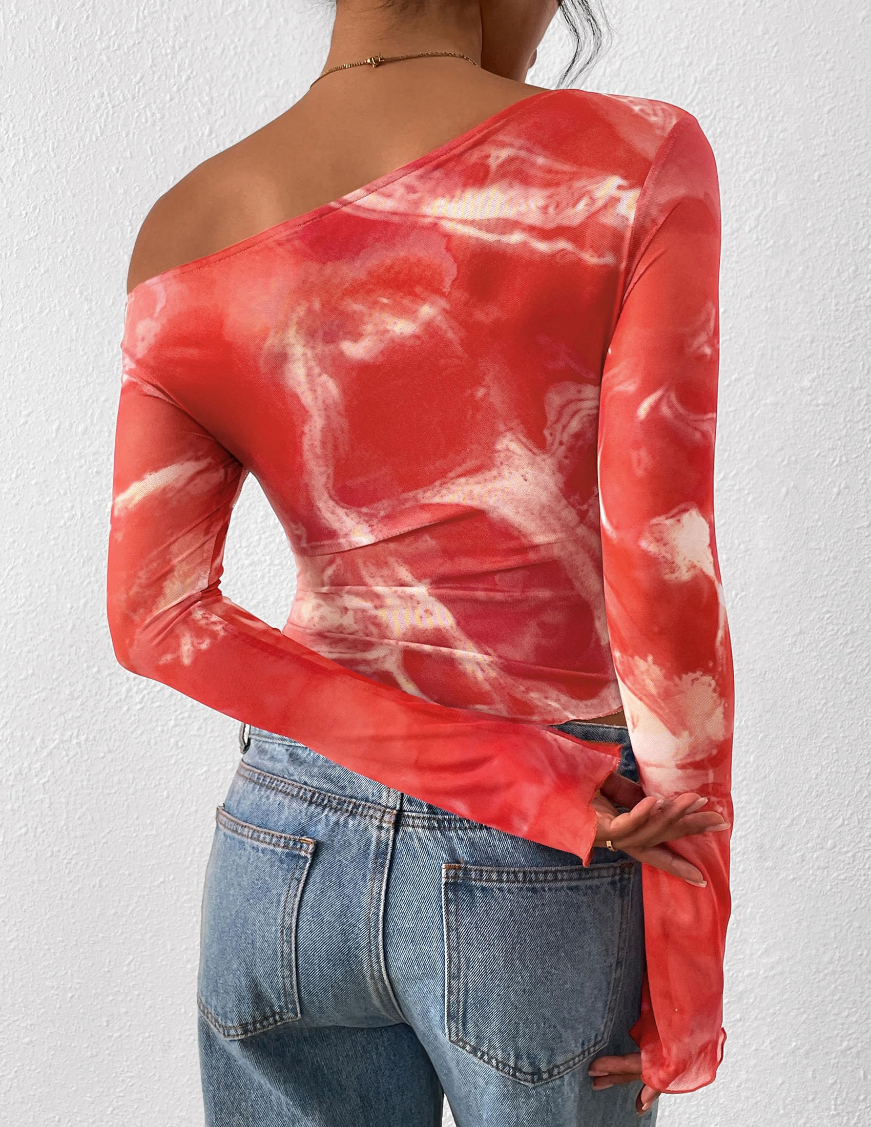 Womens Off Shoulder Mesh Y2k Tops,Floral Brick Red,XS