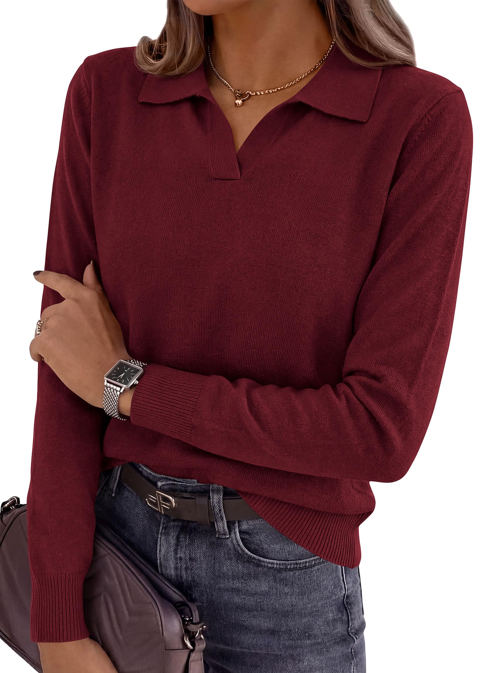 Womens Long Sleeve Collared Polo Sweater,Wine Red,S