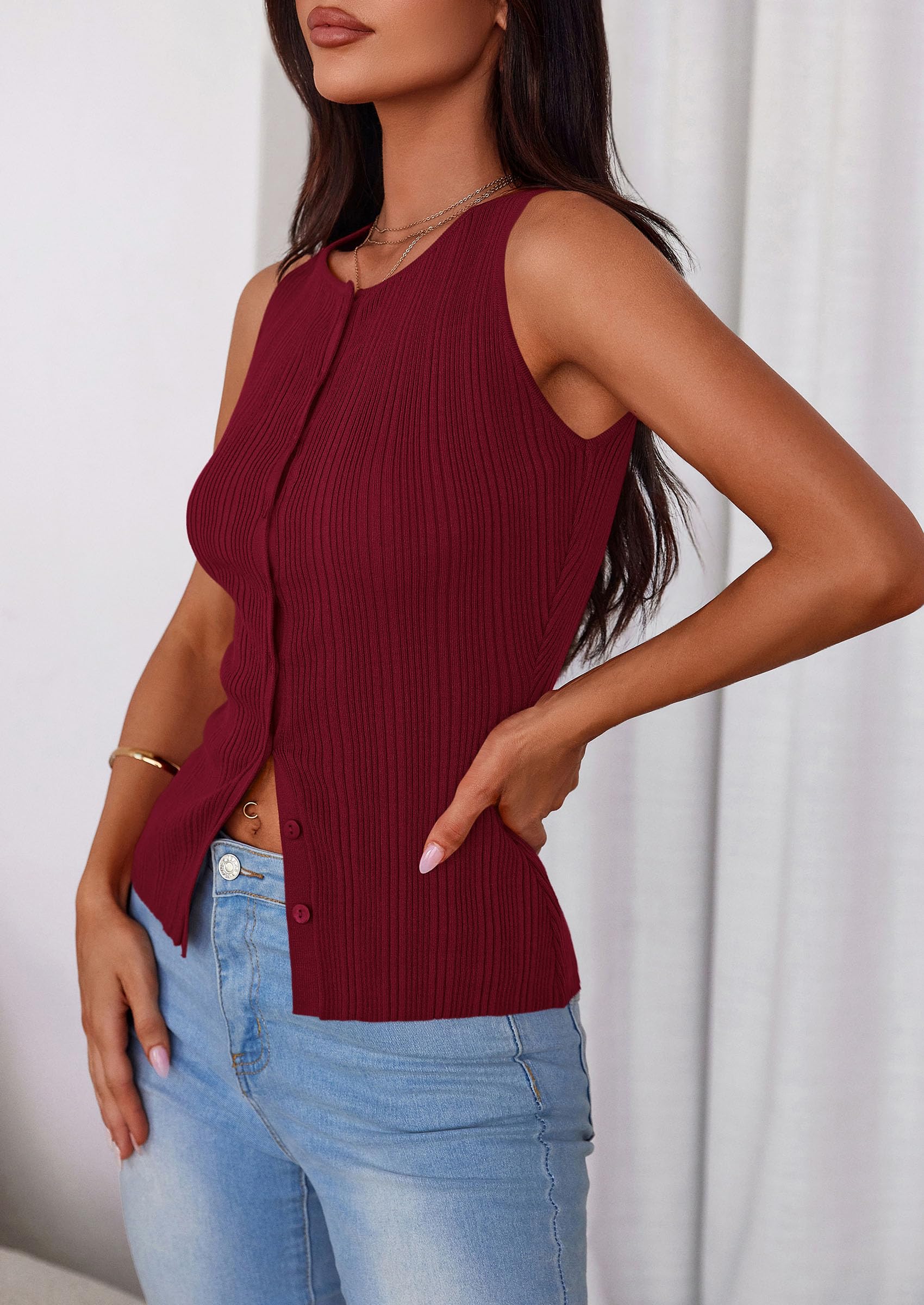 Sleeveless Button Down Shirts for Women Summer 2026 Going Out Ribbed Knit Tank Tops Y2K Clothes Trendy Vest Tops Wine Red