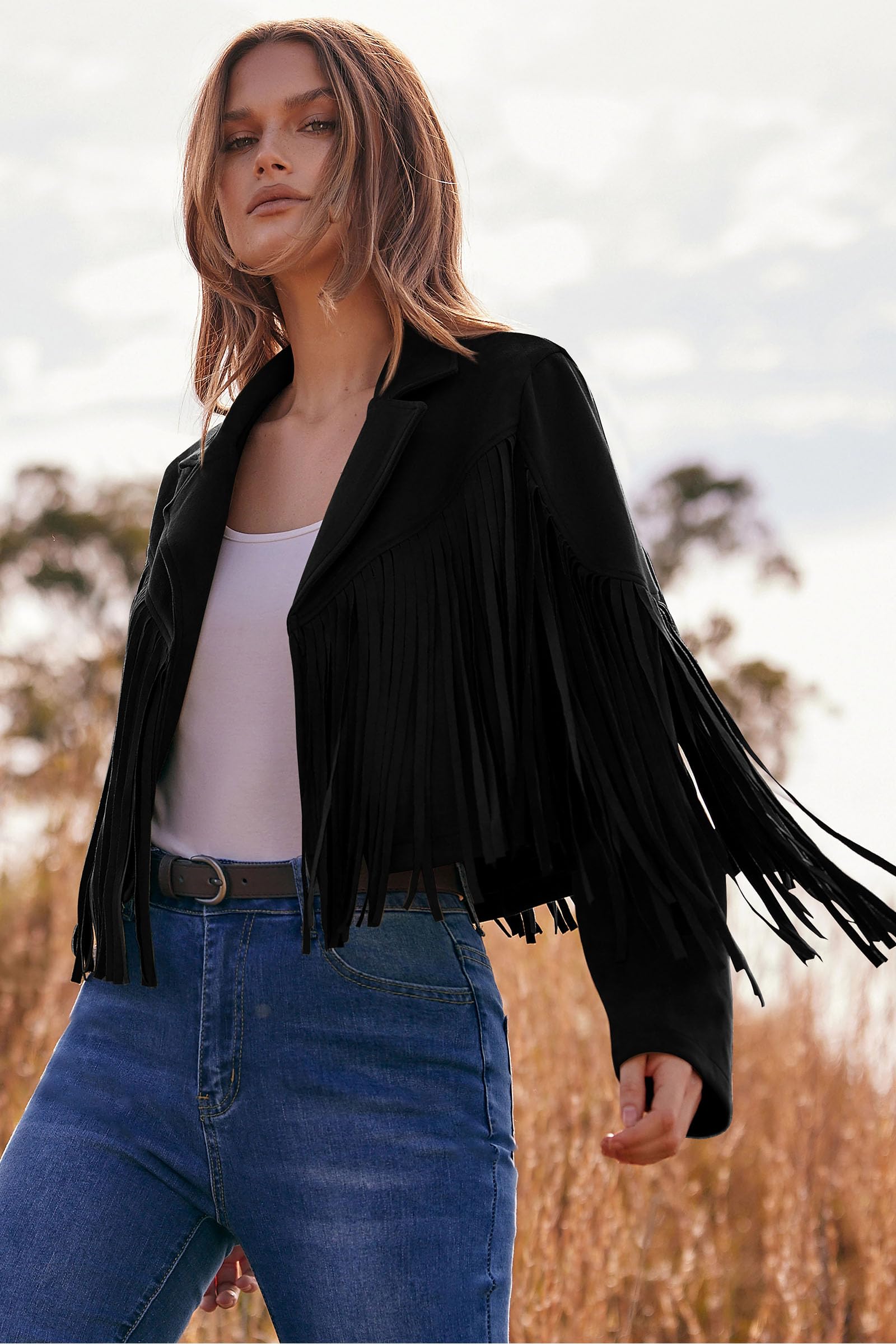 Women's Fringe Faux Suede Leather Jackets,Black,S