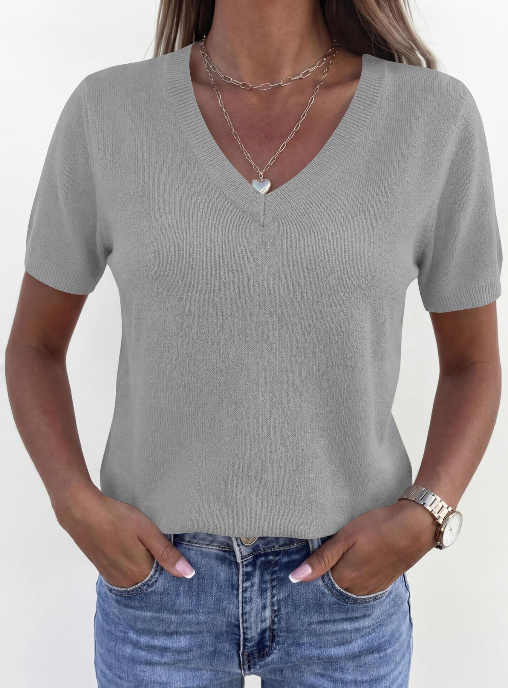 Womens Short Sleeve Sweater V Neck Tops,Grey,S