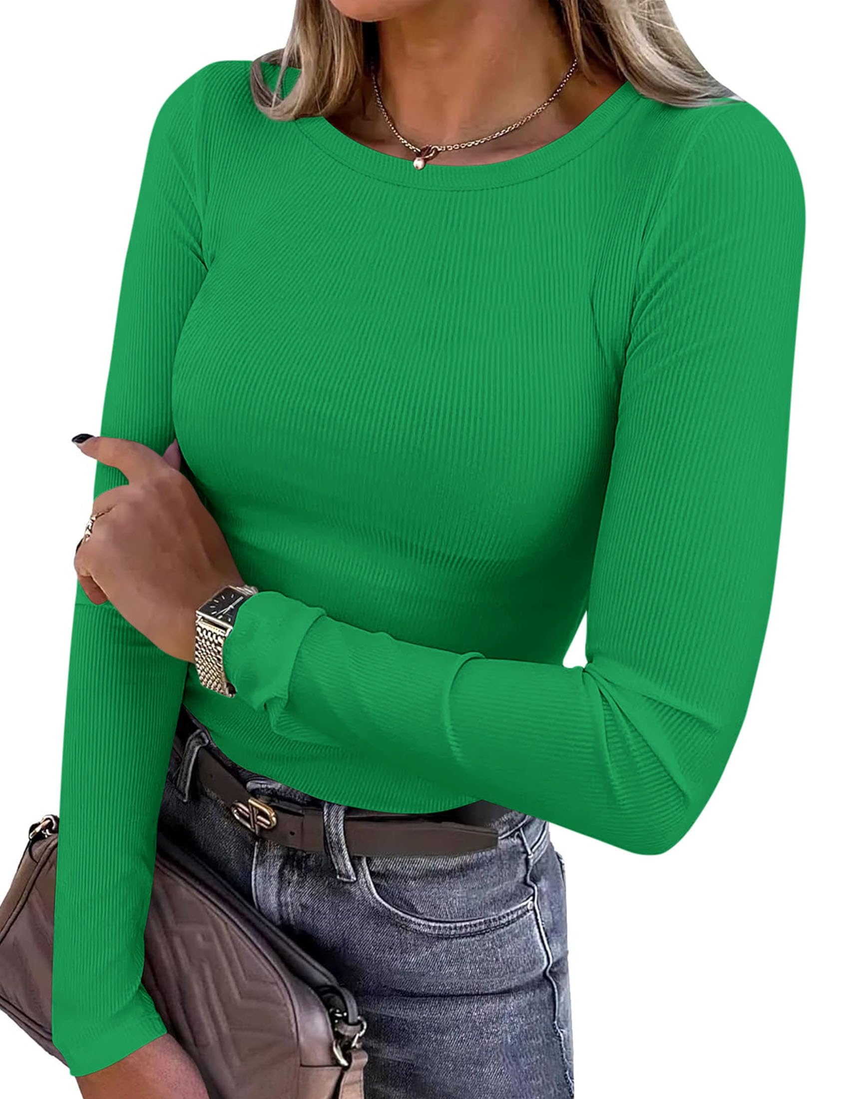Women's Fall Long Sleeve Shirts Basic Tees (Green,XS)