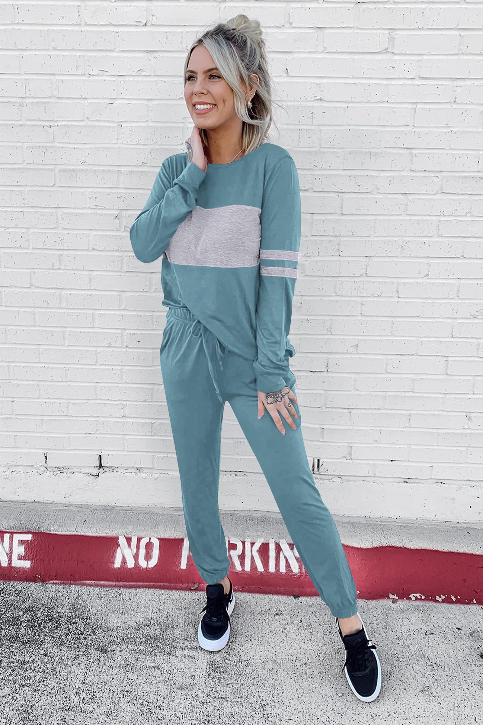 Women Color Block 2 Piece Sets Tracksuit,Blue,M