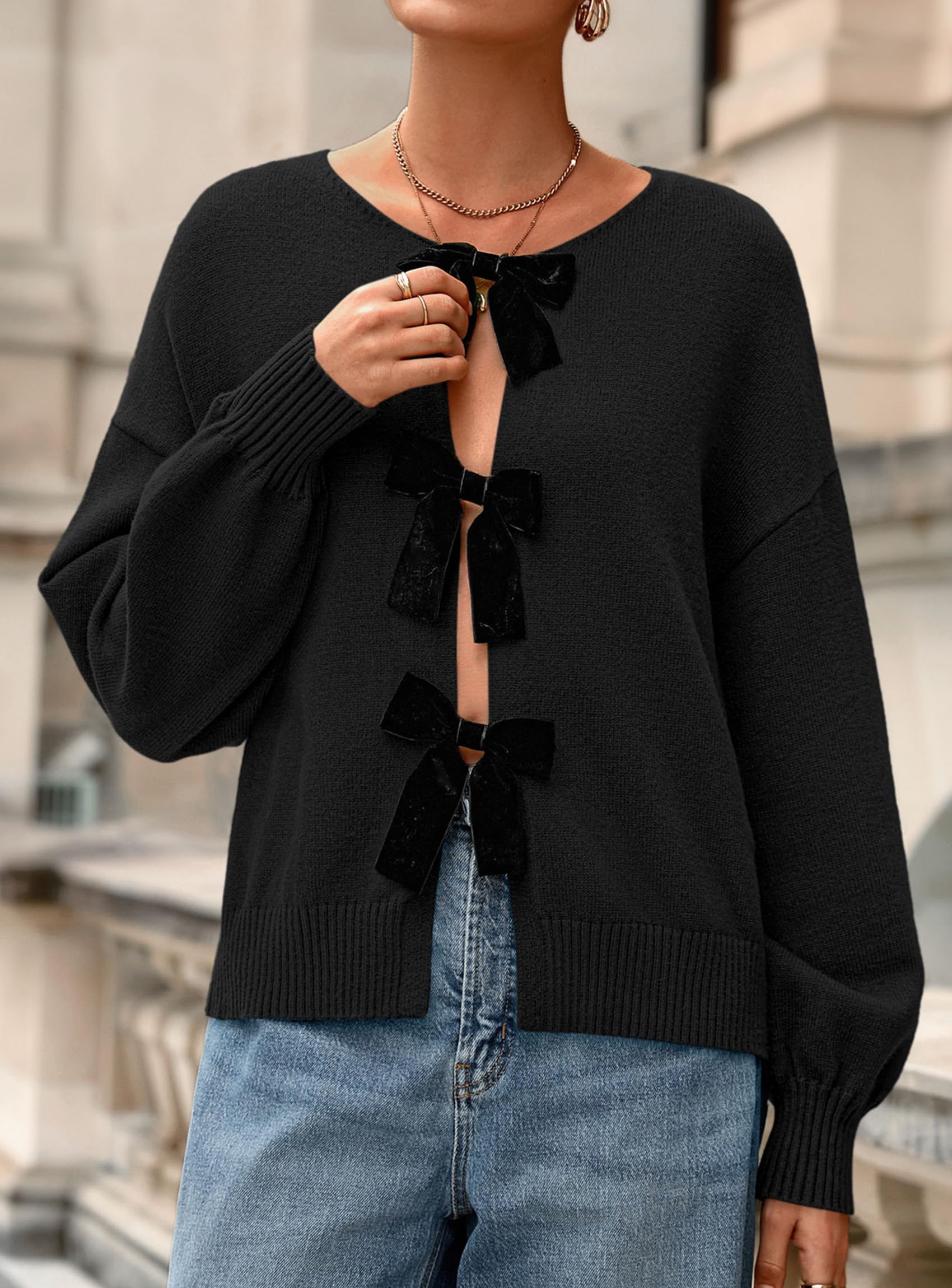 Women's Fall Bow Tie Front Cardigan Sweaters,Black,S