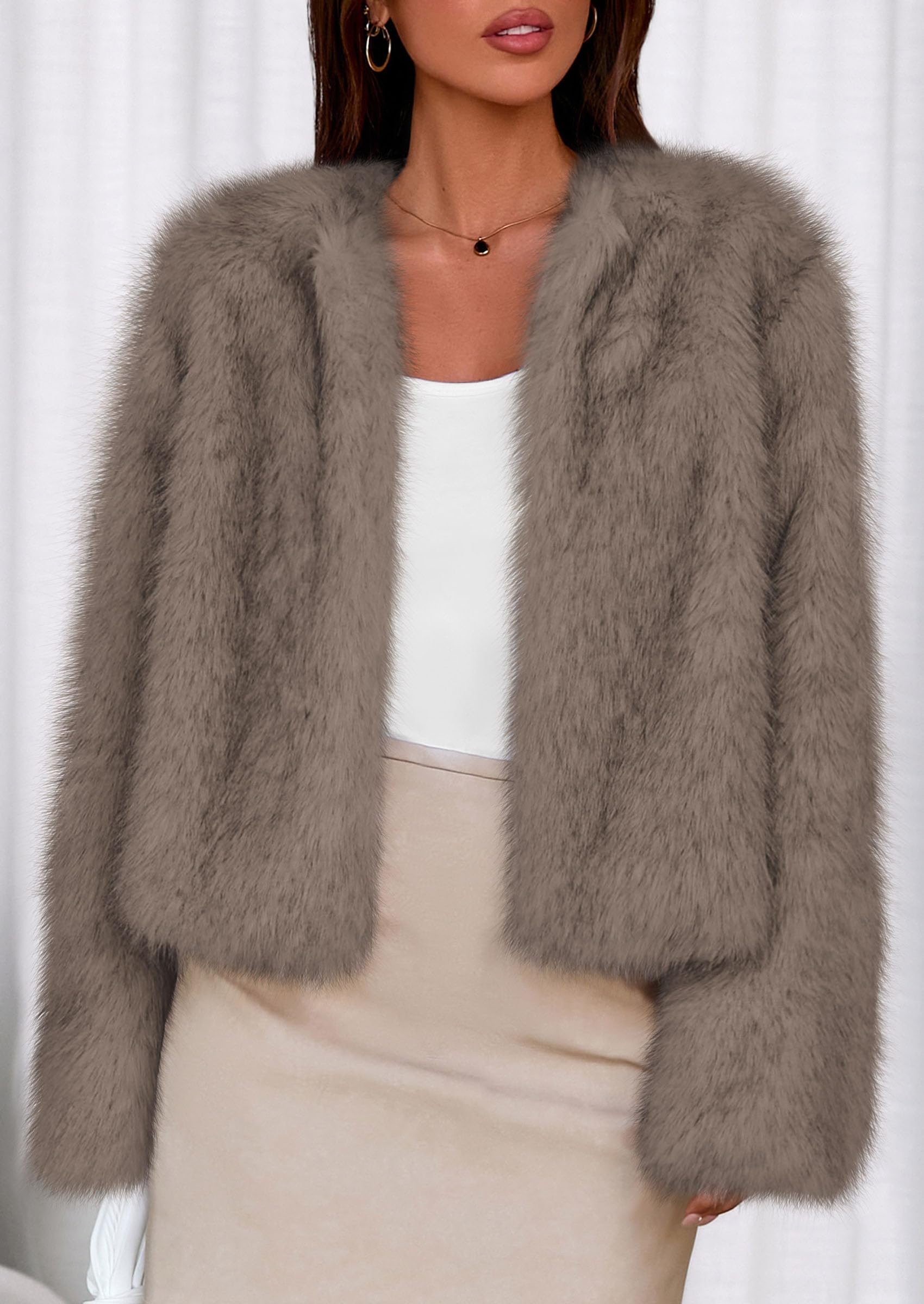Womens Winter Coats Open Front Faux Fur Jacket,Taupe,XXL